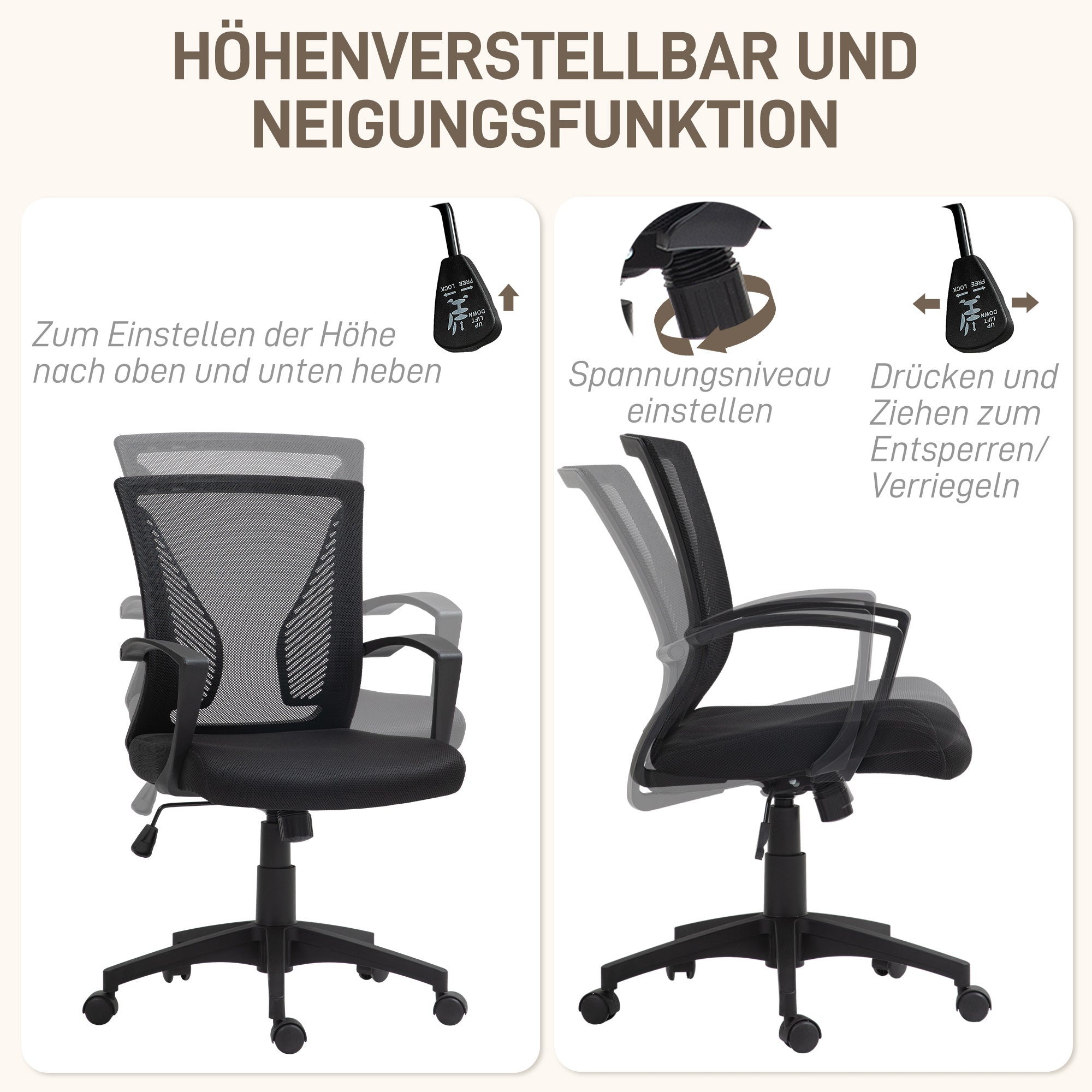 Office Chair with Tilt Function, Height Adjustable Desk Chair, Swivel Chair up to 120 kg, for Office, Study Room, Black