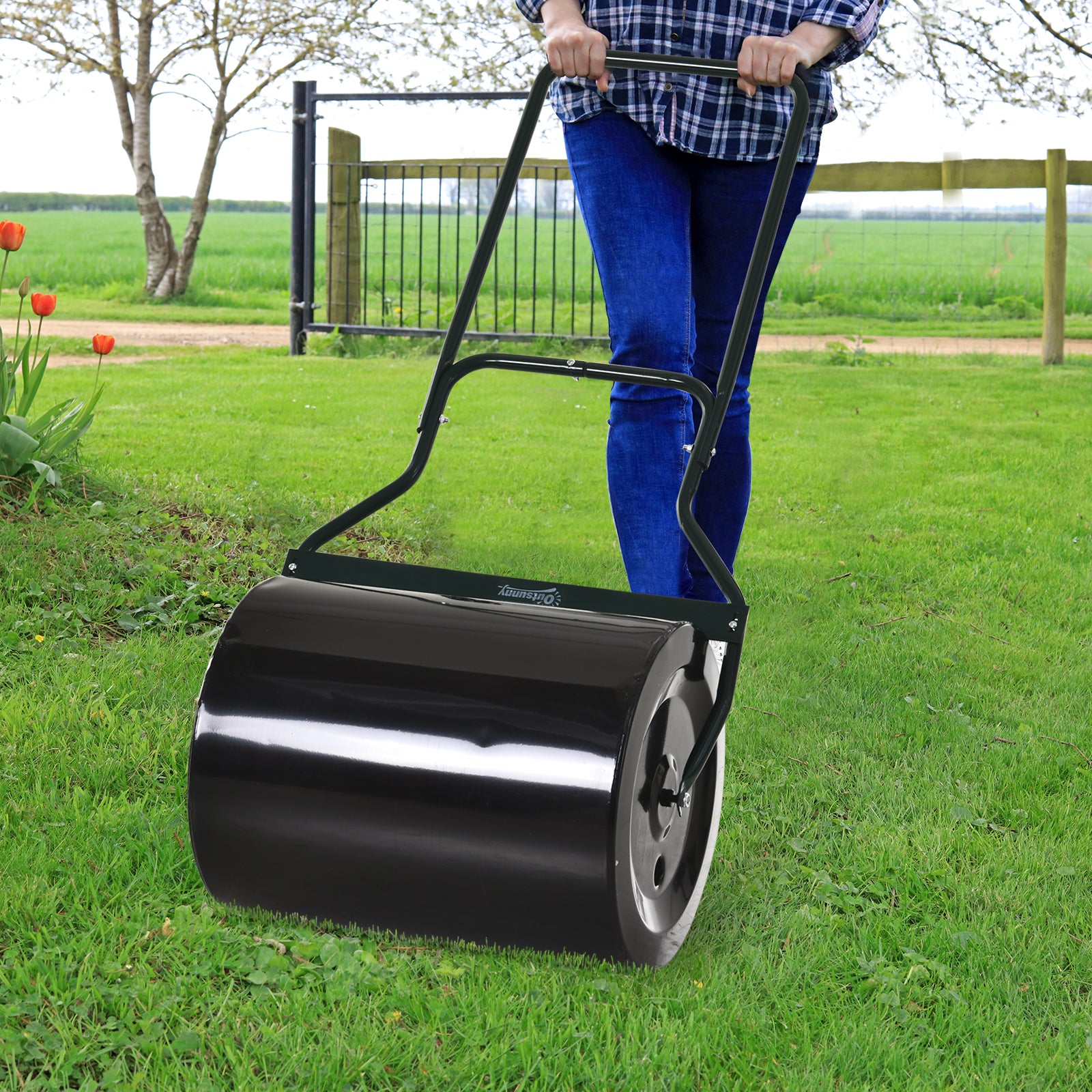 Lawn Roller with U-Handle, Garden Roller, Garden Drum, 40 cm Diameter, 60 L Water/Sand Fill, Metal, Black 57 x 40 x 123 cm