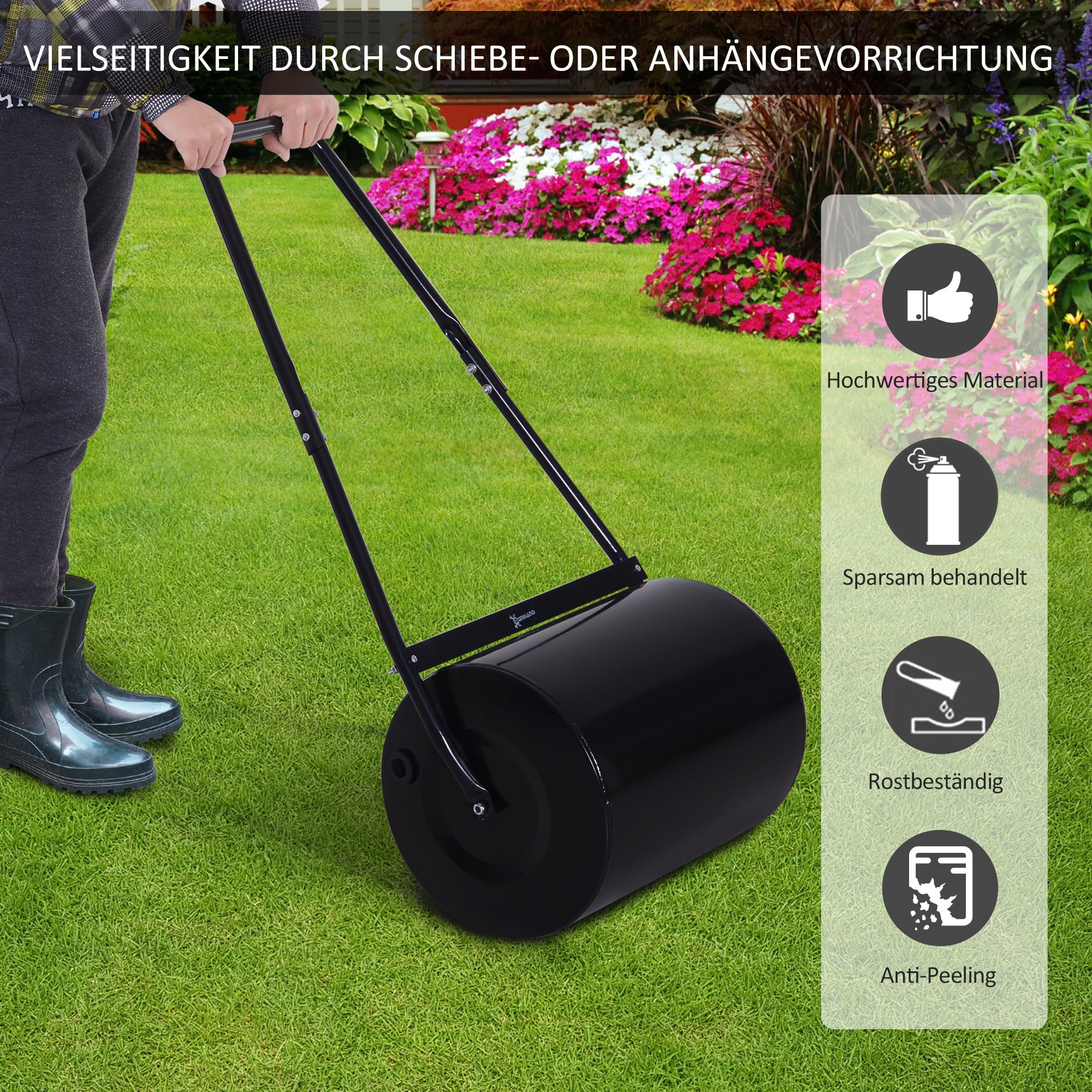 Lawn Roller with U-Handle, Garden Roller, Garden Drum, 40 cm Diameter, 60 L Water/Sand Fill, Metal, Black 57 x 40 x 123 cm