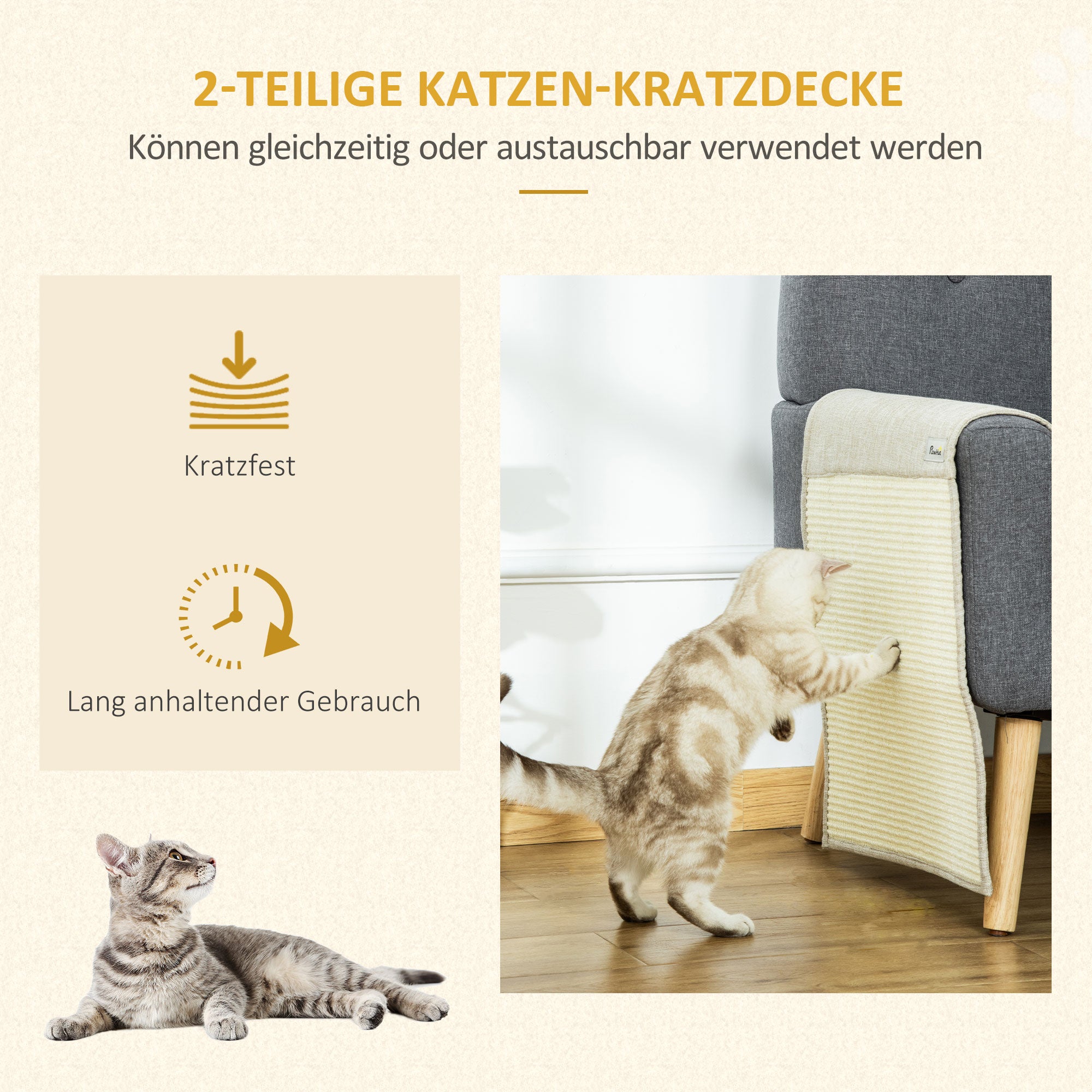 2-Piece Scratching Mat Scratch Protection Sofa Sisal Scratching Carpet for Cat Armchair Couch Cat Scratch Mat Beige+Gray 130 x 45 x 0.3 cm