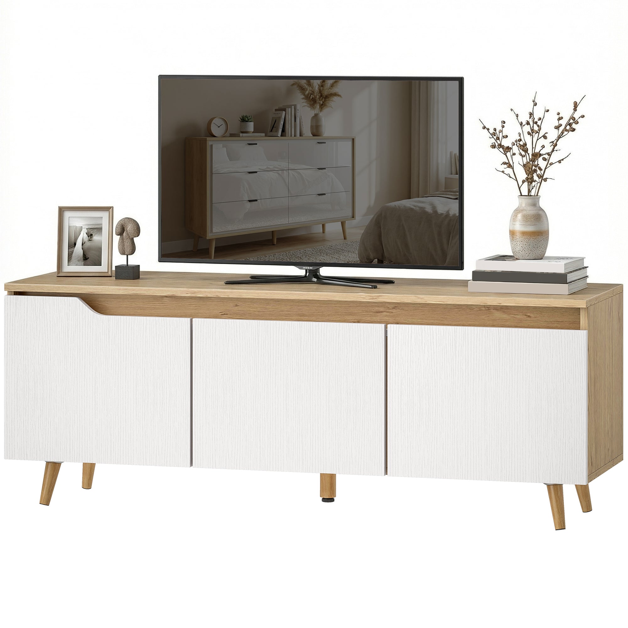 TV Cabinet for TVs up to 55" with 3 Doors and Adjustable Shelf – 5 Pine Legs, Oak & White