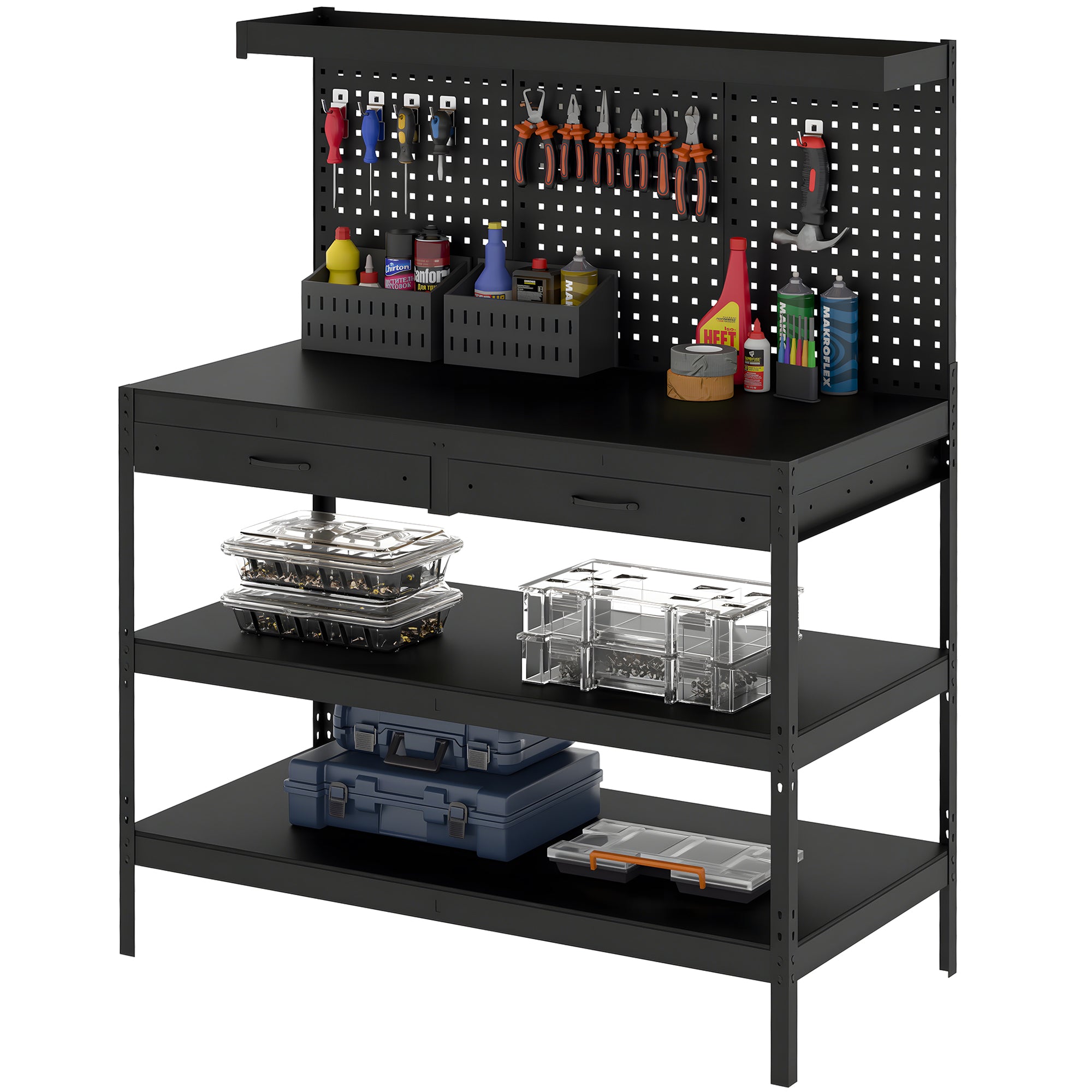 Workbench with Pegboard — Heavy-Duty Workstation with 2 Drawers & 2 Adjustable Shelves, 600 lb Capacity, 48 x 24 x 61.4 in (122 x 61 x 156 cm), Black