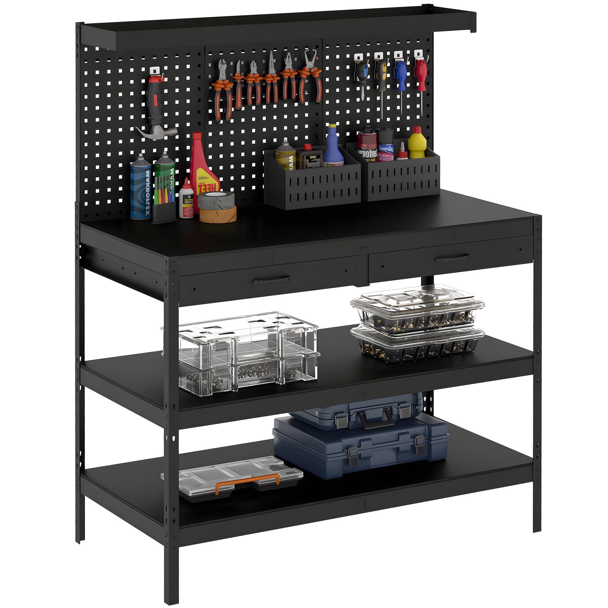 Workbench with Pegboard — Heavy-Duty Workstation with 2 Drawers & 2 Adjustable Shelves, 600 lb Capacity, 48 x 24 x 61.4 in (122 x 61 x 156 cm), Black