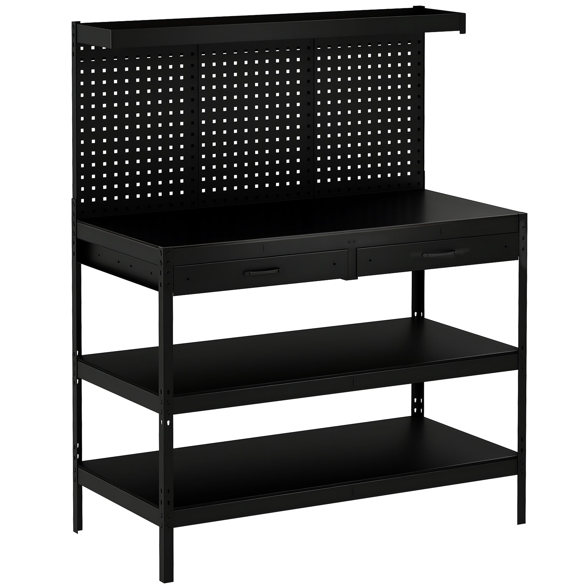 Workbench with Pegboard — Heavy-Duty Workstation with 2 Drawers & 2 Adjustable Shelves, 600 lb Capacity, 48 x 24 x 61.4 in (122 x 61 x 156 cm), Black