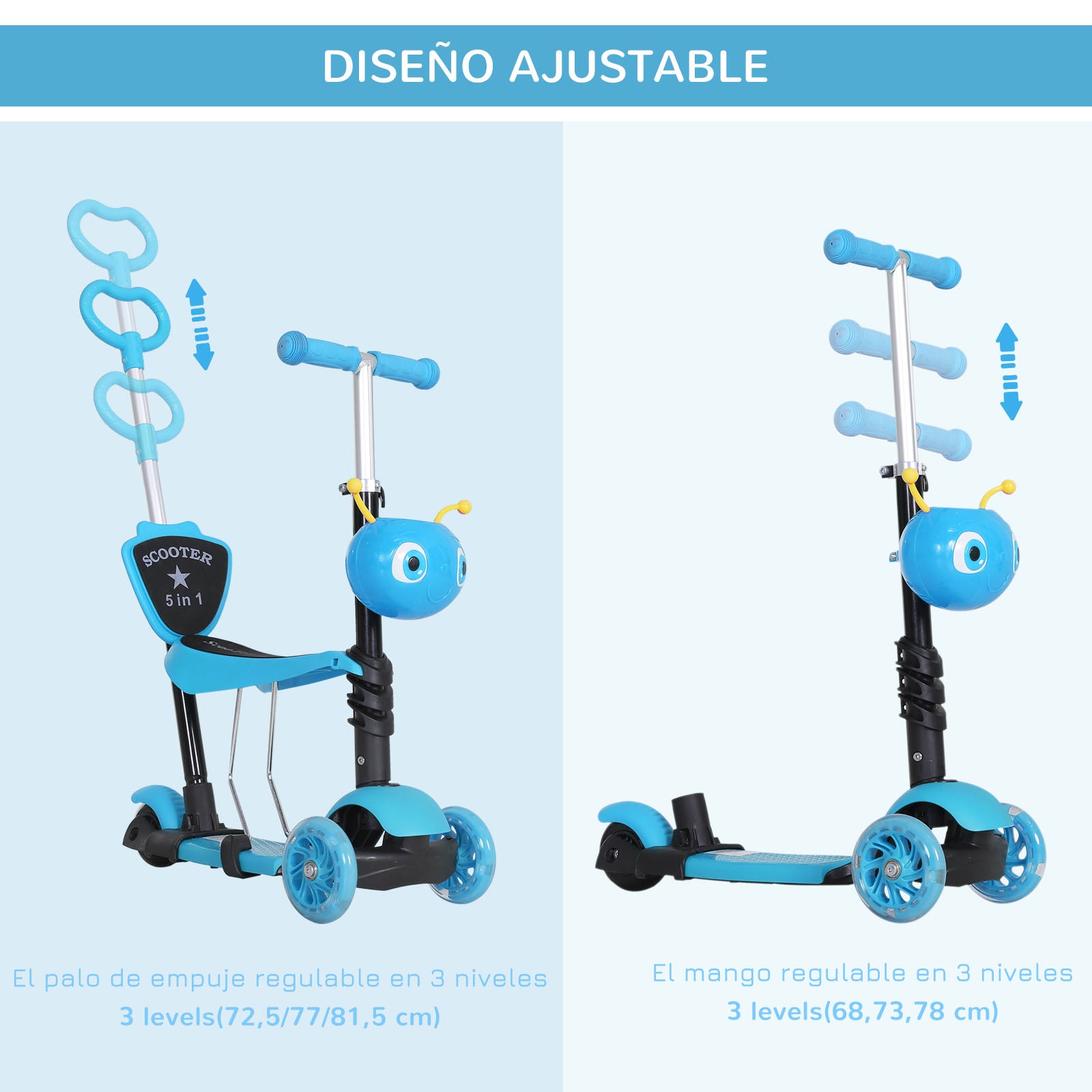 3-in-1 Scooter for Children 18+ Months Three-Wheel Scooter with Removable Seat Adjustable Handlebar Push Handle Height 62x25x72.5 cm Blue