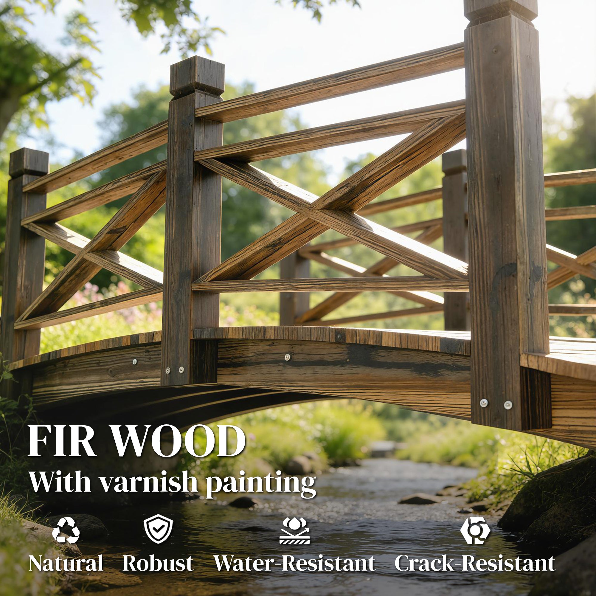 Pine Garden Bridge with Handrails, Charred Finish (Shou Sugi Ban) — Walkable Decorative Pond Bridge, Rustic Arched Design, Weather-Resistant, Up to 200 kg, 174 x 78 x 57.5 cm