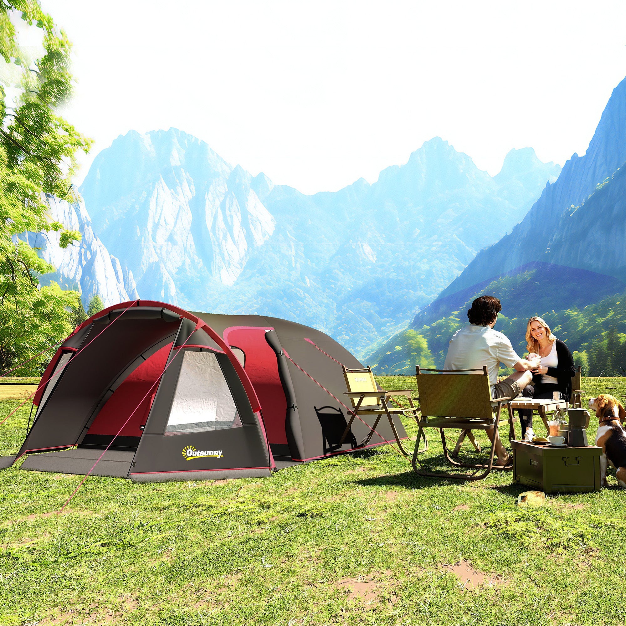 Tunnel Camping Tent for 2-4 People with 2 Rooms, Waterproof Family Trekking Fishing Tent 3000mm with Reinforced Floor, Double Doors, Carry Bag, 360x250x130 cm, Gray