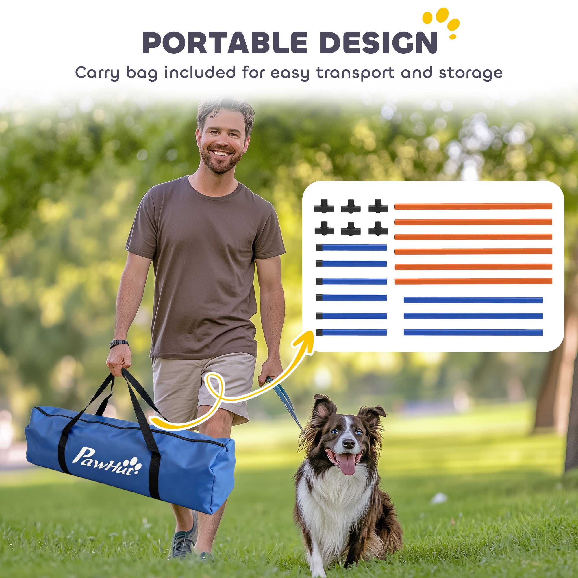 3-Piece Dog Agility Set with Weave Poles, Ground Stakes & Carry Bag — Portable Indoor/Outdoor Training Kit, Orange