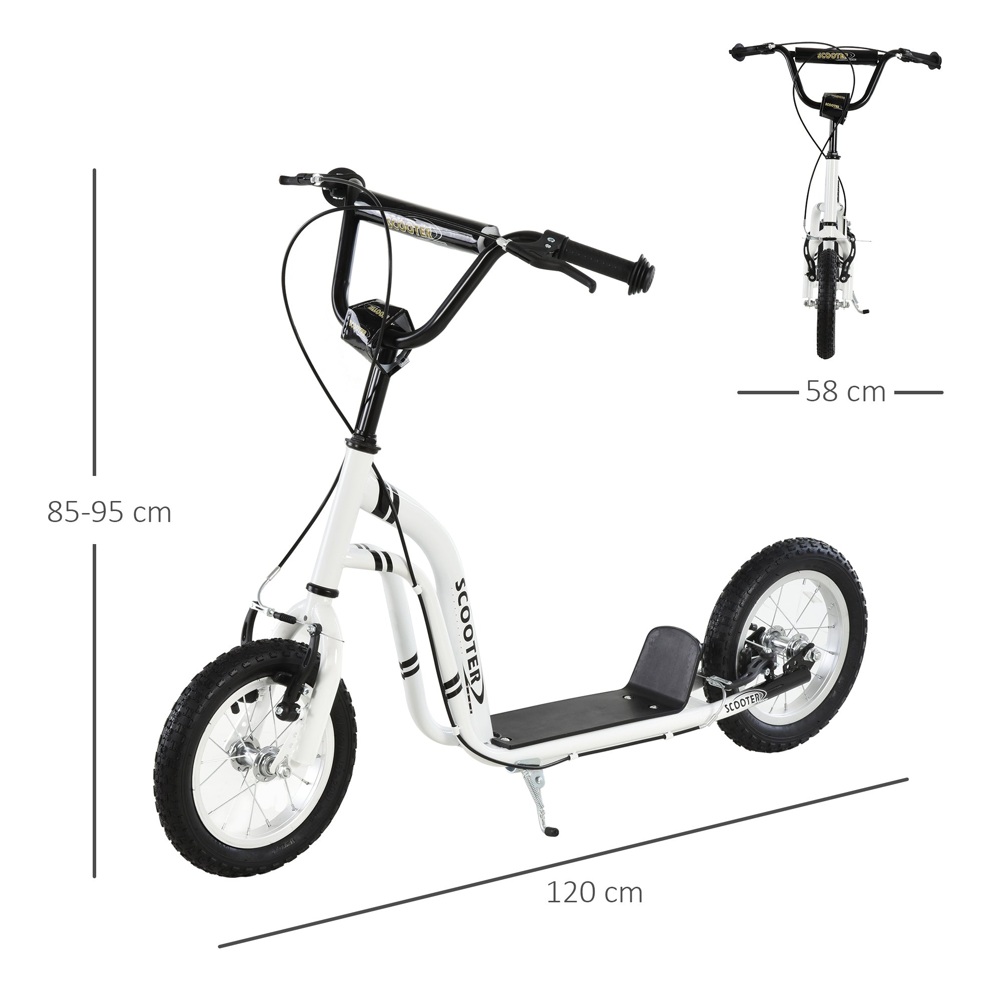 Scooter for Children Over 5 Years Old 2 Rubber Inflatable Tires with Handlebar Brakes Adjustable Non-Slip Pedal 120x58x85-95 cm White