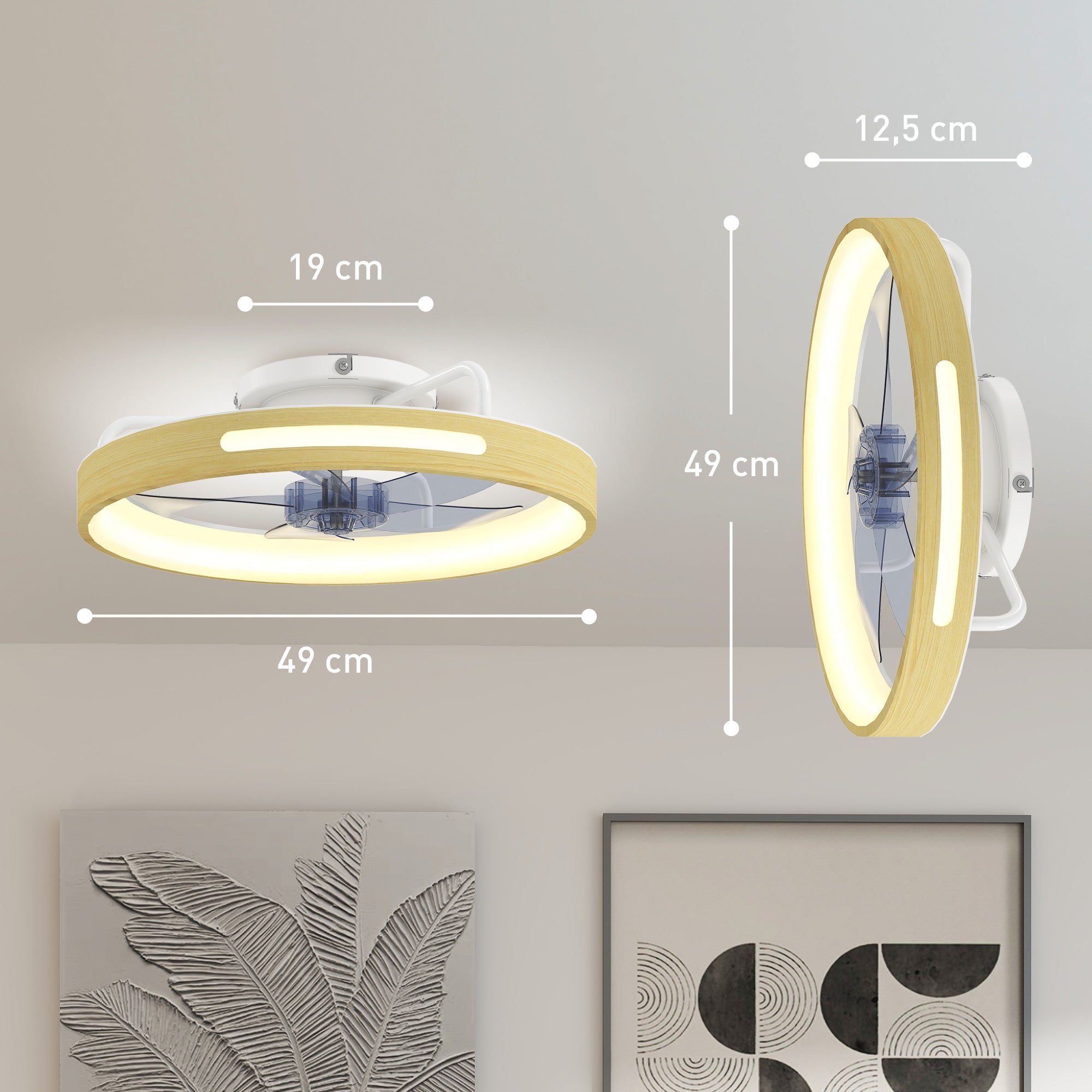 19.3 in LED Ceiling Fan with Light, 40W, Reversible DC Motor, Quiet Operation, Remote Control, 6 Speeds, 3 Color Temps, Timer — Natural Wood Finish