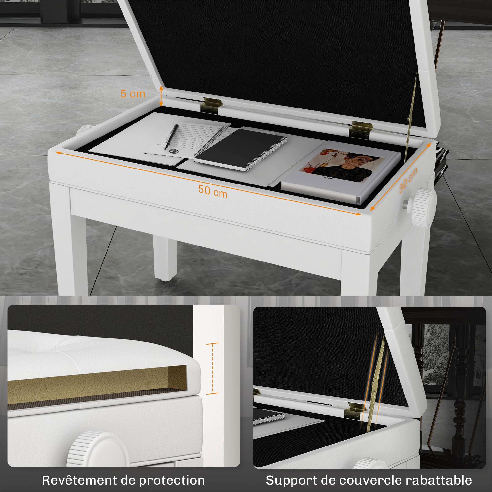 Piano Bench, Height Adjustable Solid Wood Keyboard Bench, Piano Stool with Storage Compartment, Polyurethane Upholstered Seat with 10 Buttons, Stable and Non-slip, White