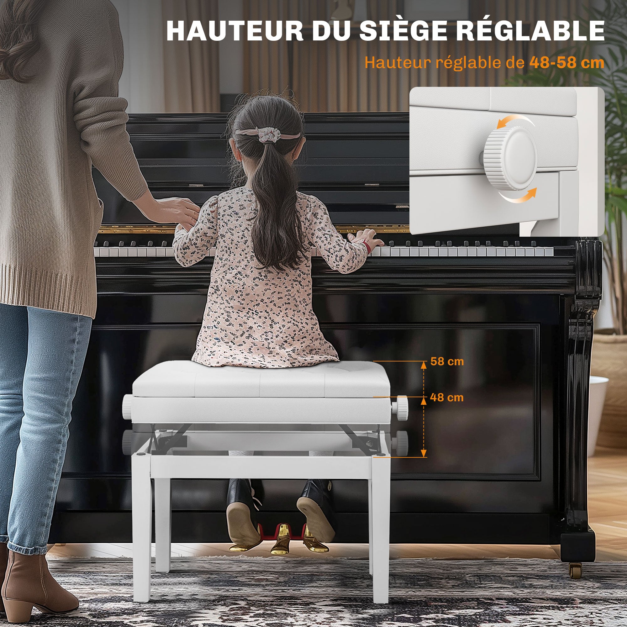 Piano Bench, Height Adjustable Solid Wood Keyboard Bench, Piano Stool with Storage Compartment, Polyurethane Upholstered Seat with 10 Buttons, Stable and Non-slip, White