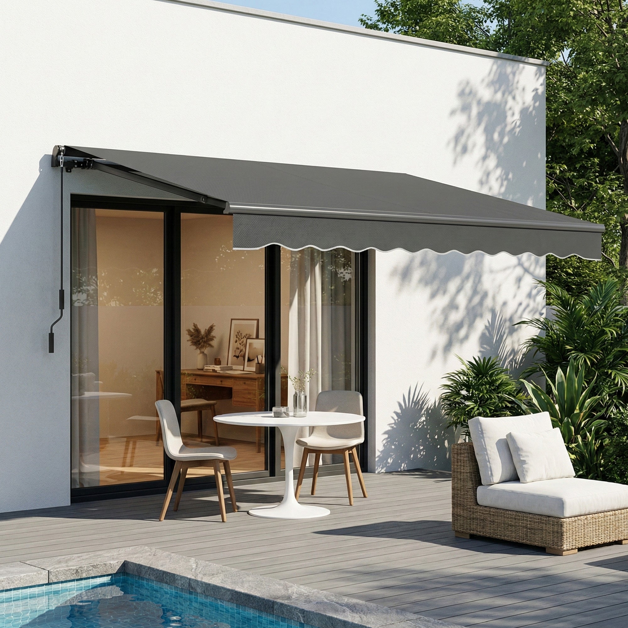 Manual Retractable Awning 11.5' x 9.8' — Adjustable Tilt, Crank-Operated, Aluminum Frame, 280 g/m² Polyester, UPF50+, Water-Resistant, Dark Gray