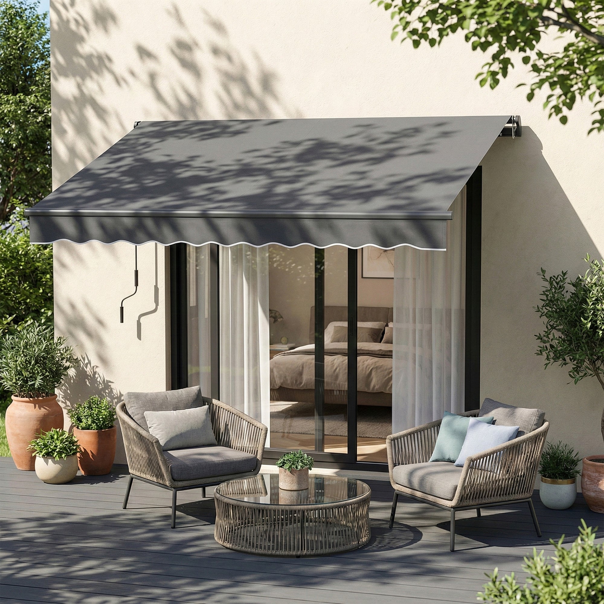 Manual Retractable Awning 11.5' x 9.8' — Adjustable Tilt, Crank-Operated, Aluminum Frame, 280 g/m² Polyester, UPF50+, Water-Resistant, Dark Gray