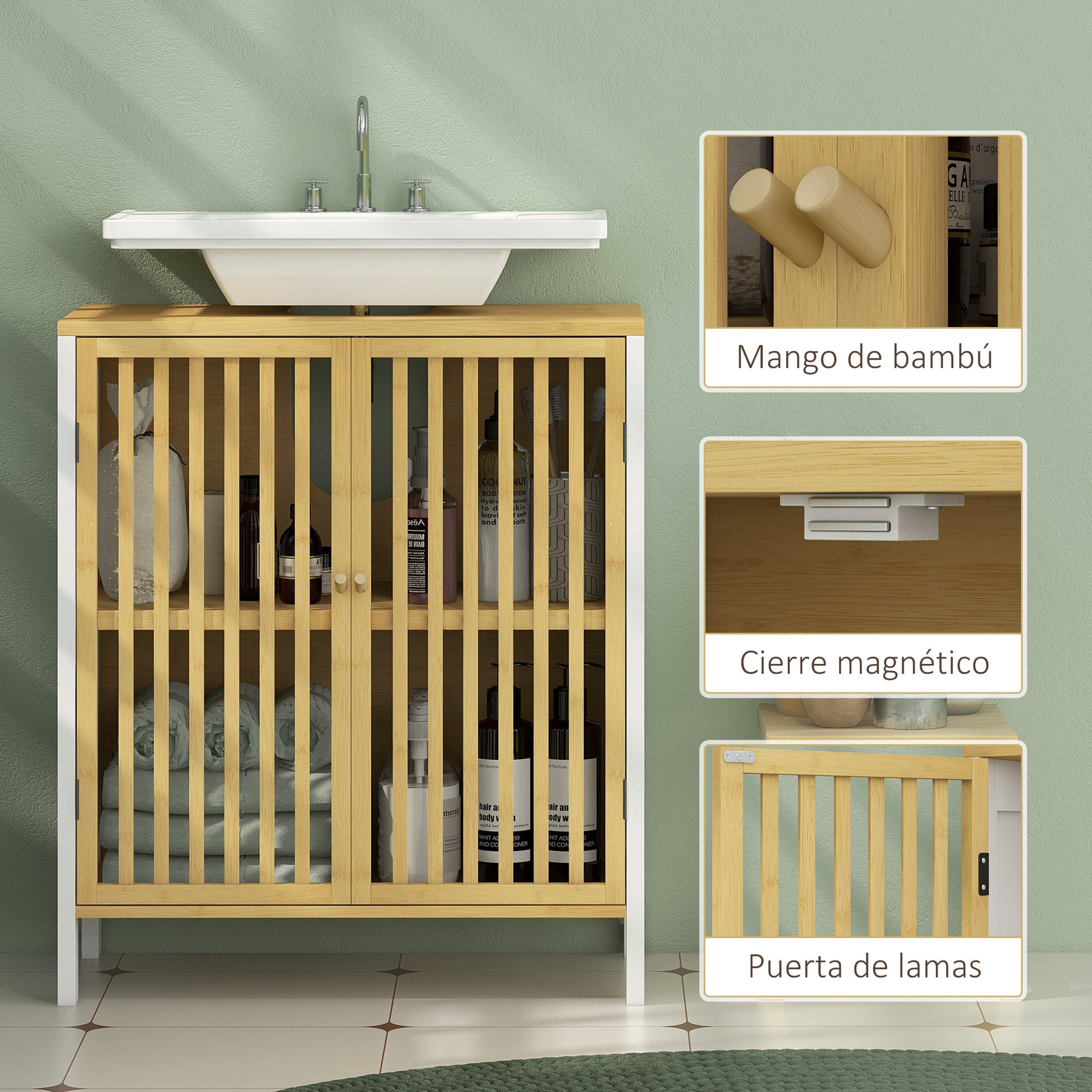 Under Sink Cabinet Bathroom Storage Cabinet with Double Door and Adjustable Shelf Load 30 kg 60x30x70 cm Natural and White