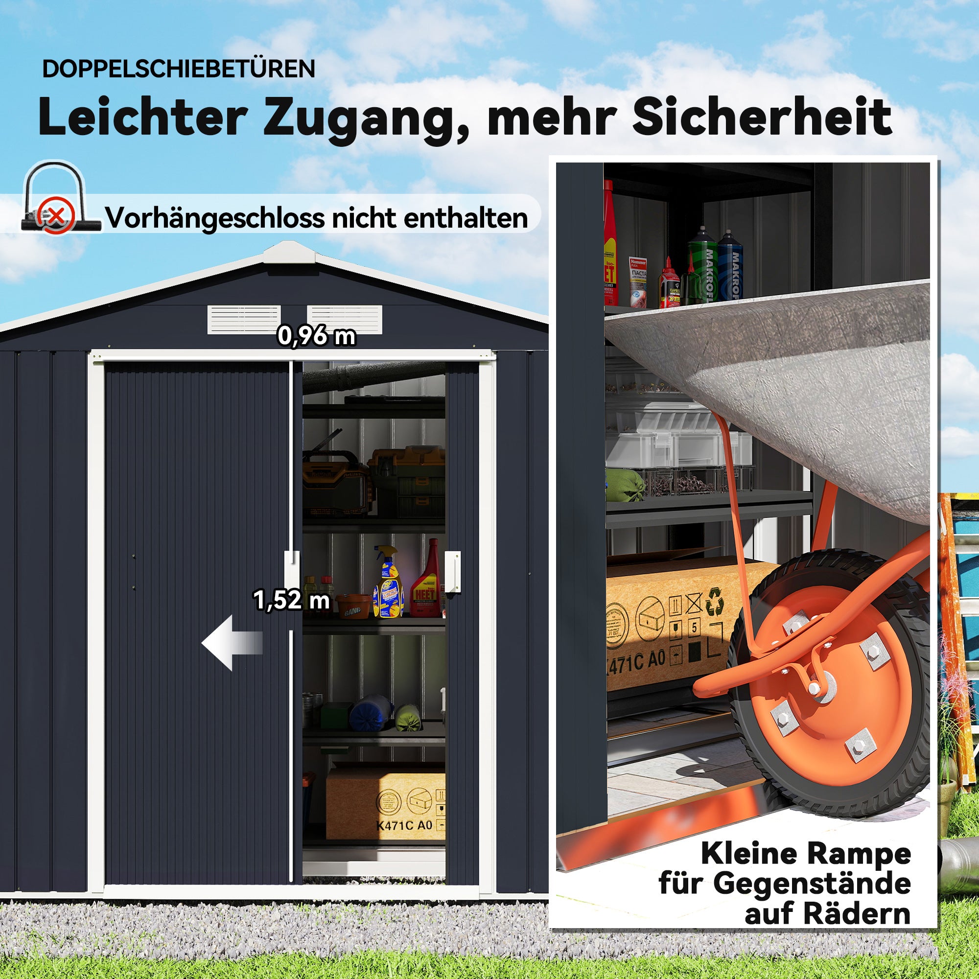 garden shed 2.42 m², garden house with pent roof, sliding door, foundation, 213 x 130 x 185 cm, tool shed made of galvanized steel, weatherproof, for garden, Dark grey