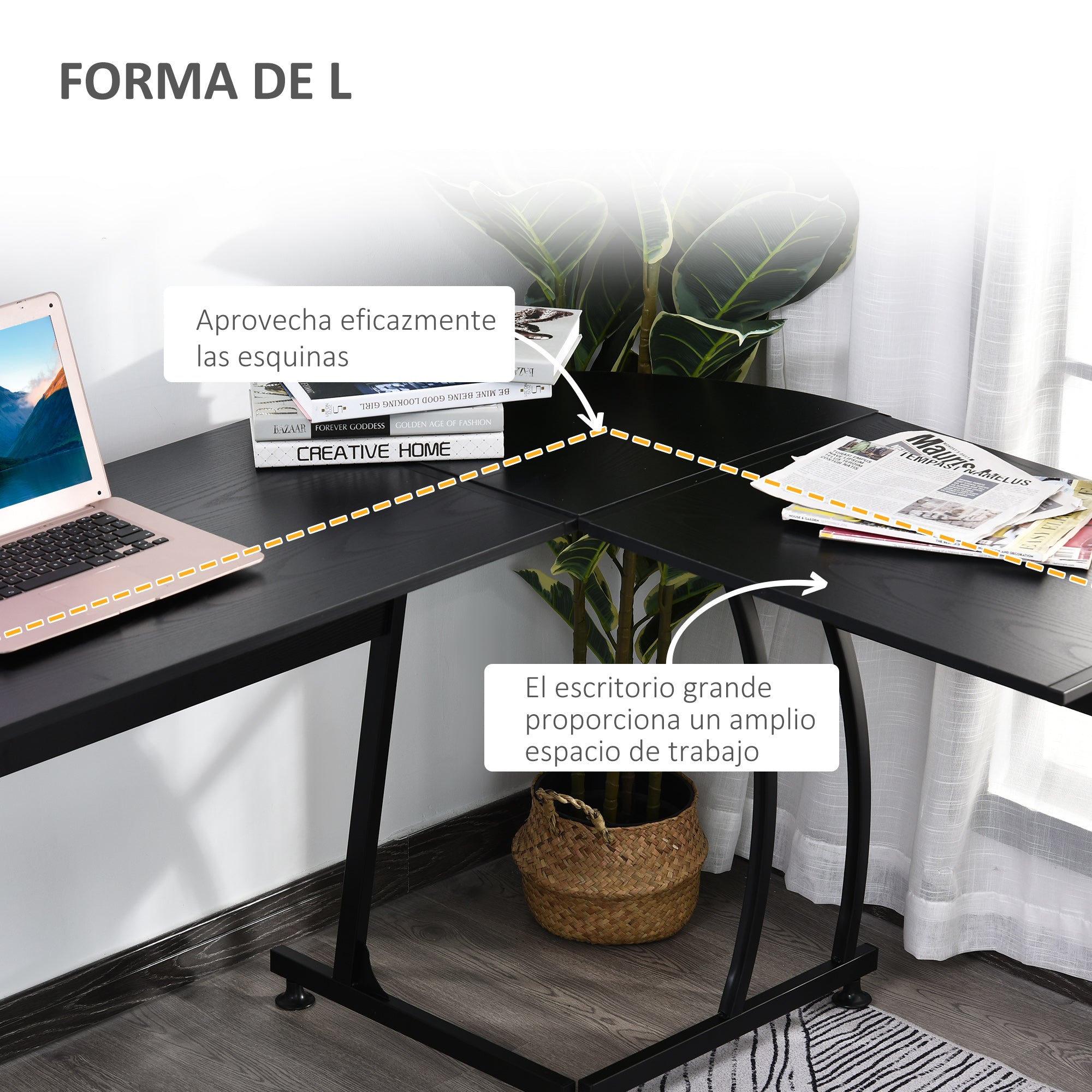 L-Shaped Computer Desk for Study Office Minimalist Modern with Large Space 112.5x152x74 cm Black