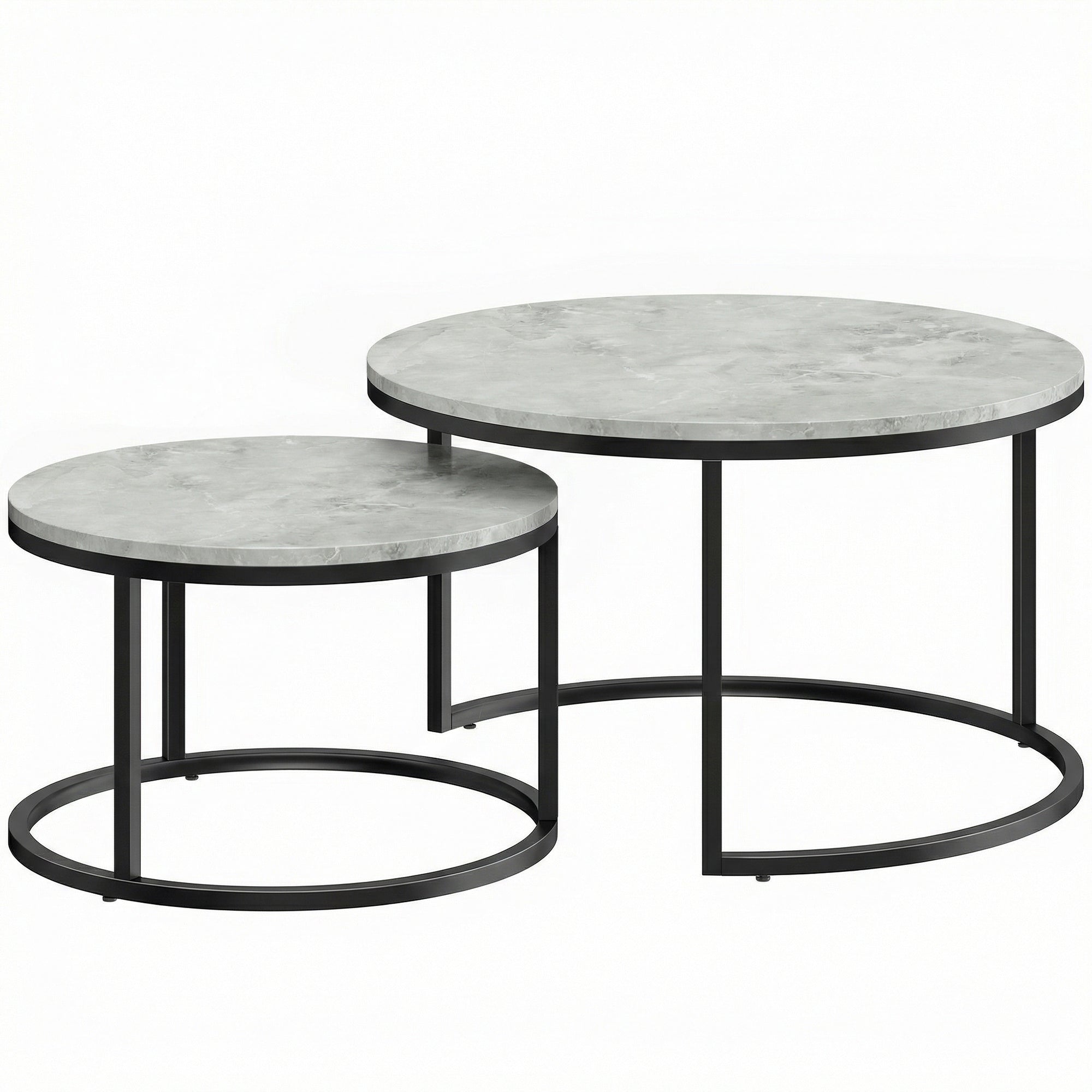 Set of 2 Nesting Round Coffee Tables — Stackable Industrial Design, Black Metal Legs, Gray Cement Top