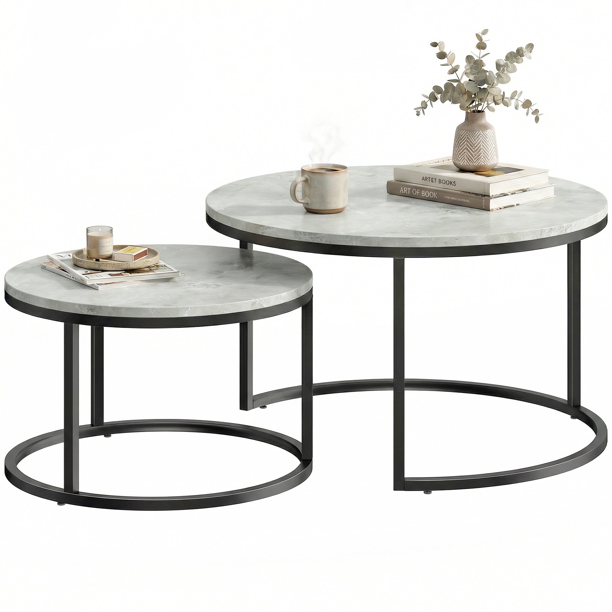 Set of 2 Nesting Round Coffee Tables — Stackable Industrial Design, Black Metal Legs, Gray Cement Top