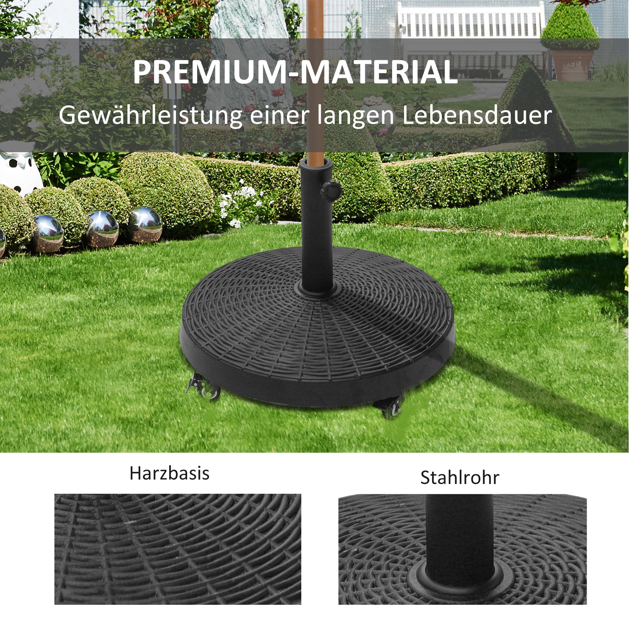 Umbrella Stand 25kg Umbrella Stand with Wheels Round Rattan-Look Base for Umbrella Poles with Ø38/48 mm Stand for Garden, Balcony, Black