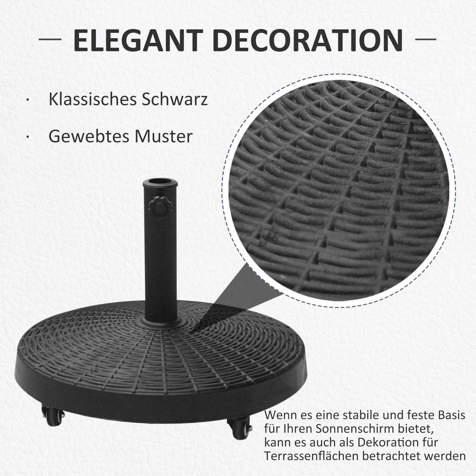 Umbrella Stand 25kg Umbrella Stand with Wheels Round Rattan-Look Base for Umbrella Poles with Ø38/48 mm Stand for Garden, Balcony, Black