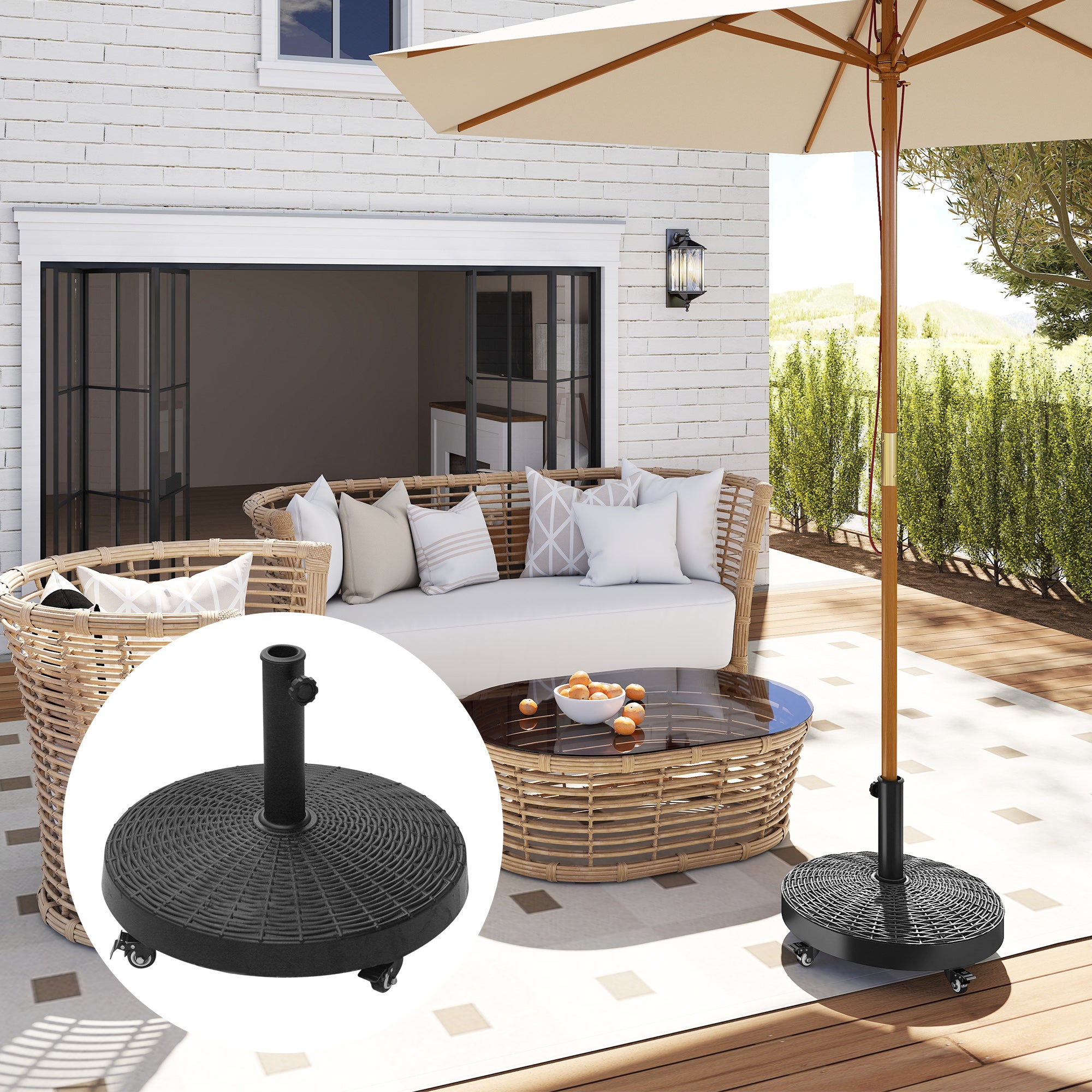 Umbrella Stand 25kg Umbrella Stand with Wheels Round Rattan-Look Base for Umbrella Poles with Ø38/48 mm Stand for Garden, Balcony, Black
