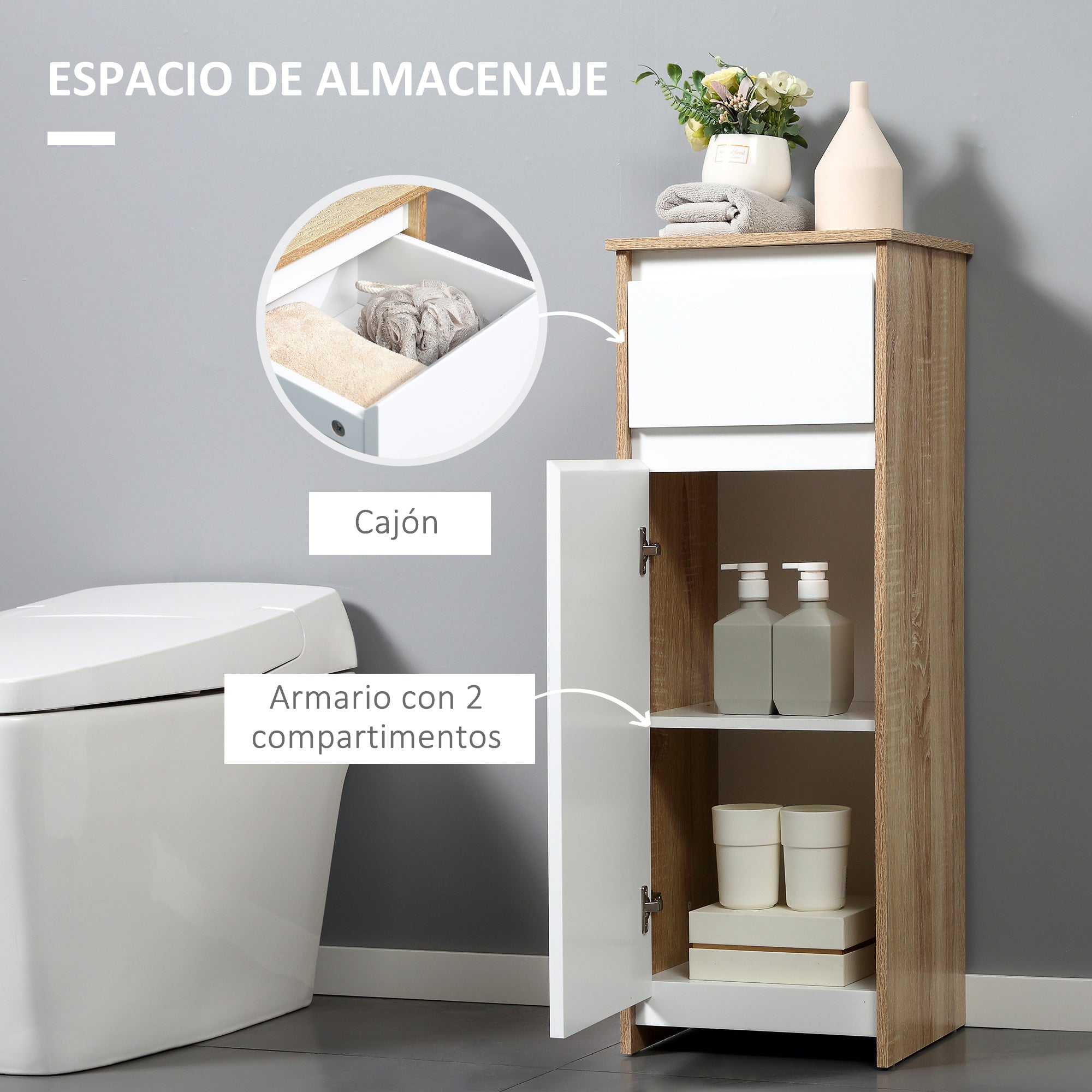 Bathroom Low Cabinet Wooden Auxiliary Furniture with Drawer and Cabinet with 2 Shelves for Living Room Bedroom Kitchen 32.6x30x90 cm Natural and White