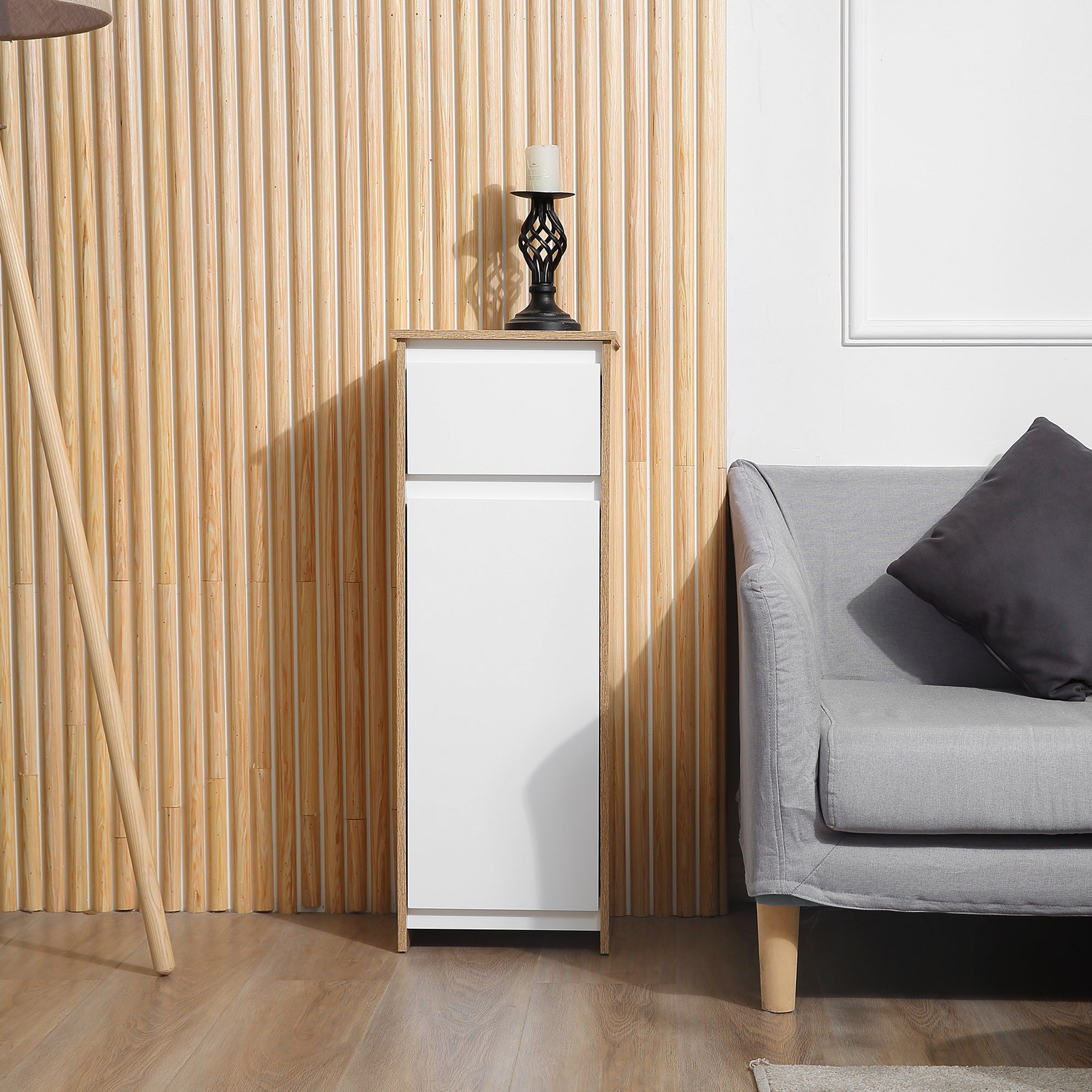 Bathroom Low Cabinet Wooden Auxiliary Furniture with Drawer and Cabinet with 2 Shelves for Living Room Bedroom Kitchen 32.6x30x90 cm Natural and White