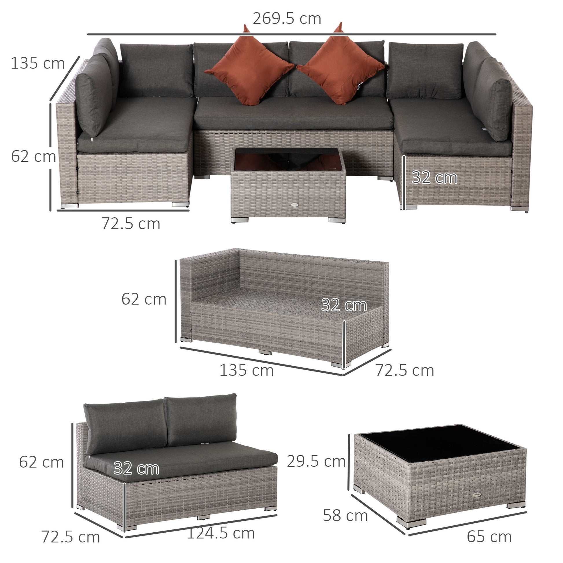 4-Piece PE Rattan Garden Furniture Set, Outdoor Lounge with 3 Sofas and 1 Coffee Table, Removable and Washable Cushions, Gray