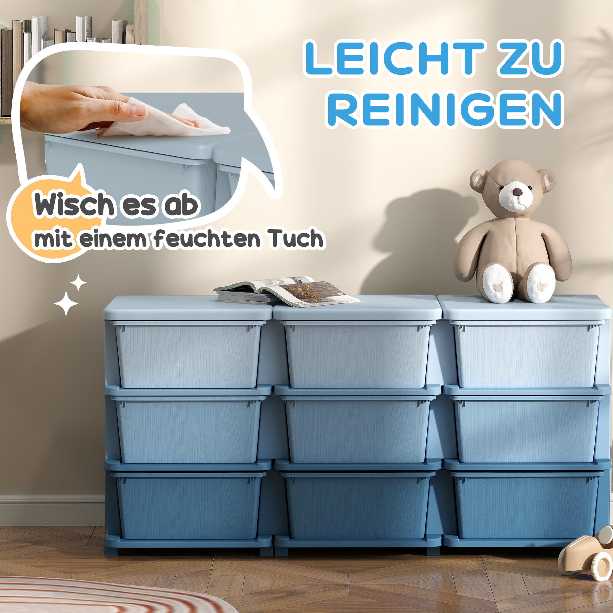 9-Tier Kids Storage Drawer Chest – Toy Organizer & Storage Boxes, Blue, 113 x 37 x 56.5 cm (44.5 x 14.6 x 22.2 in) – For Ages 3–6