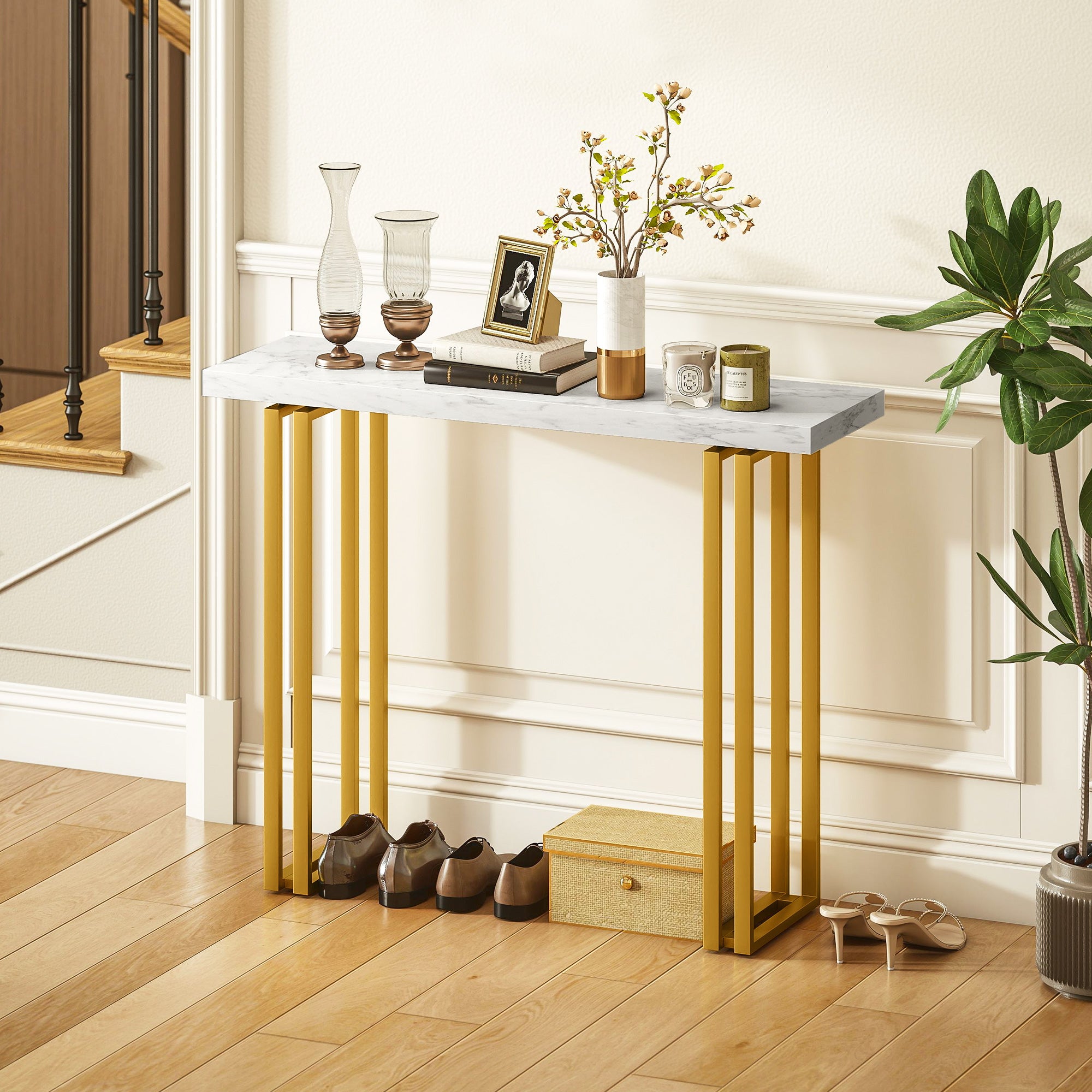 Console Table, Entryway Console with Marble-Effect Top, Steel Frame, Slim Modern Design, Sofa Table for Living Room, 39.4 x 11.8 x 30.9 in, White & Gold