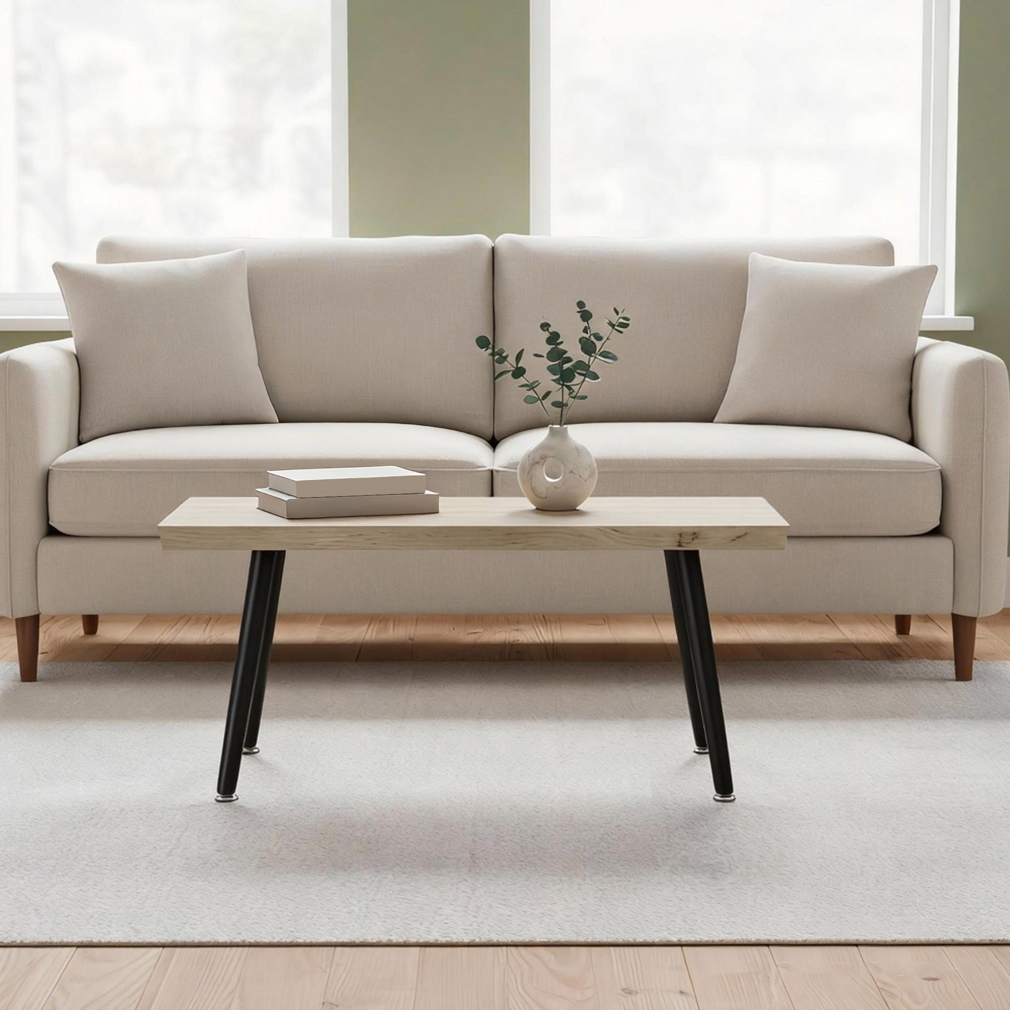 Coffee Table, Modern Accent Table with Steel Legs and 1.6" Thick Top for Living Room/Office/Bedroom, 39.4 x 19.7 x 17.7 in, Oak & Black