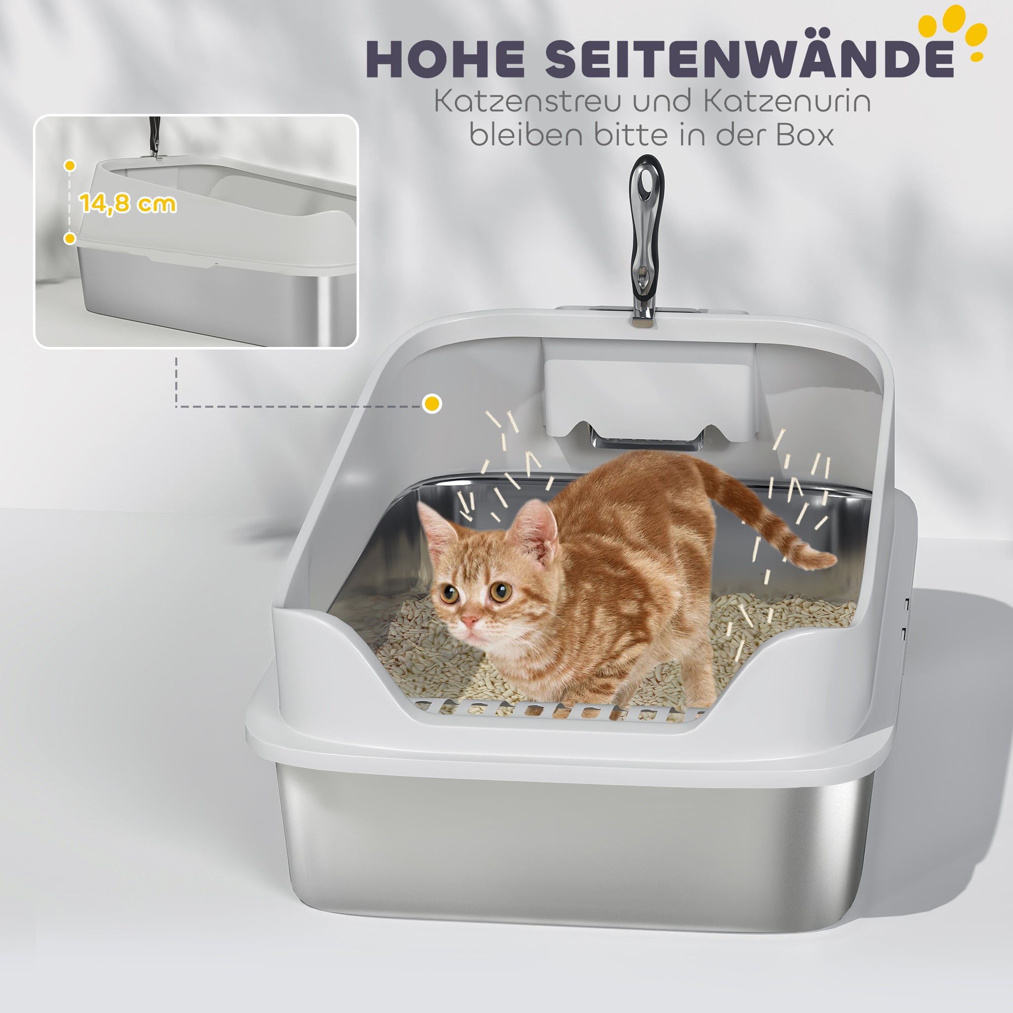 Stainless Steel Open Cat Litter Box – High-Rim XXL with Scoop for Large Cats up to 15.4 lb | 23.7 x 15.8 x 11.7 in (Gray)