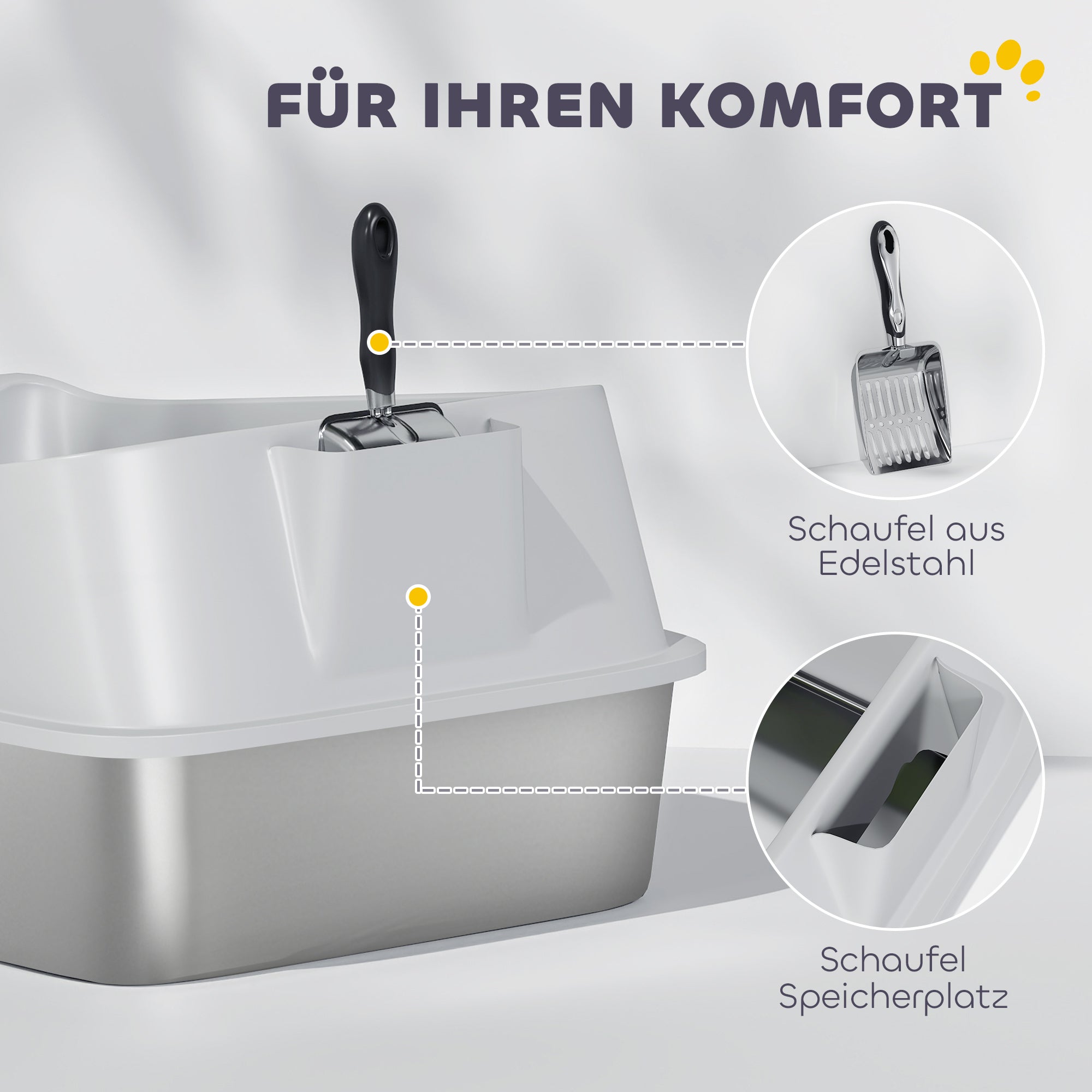 Stainless Steel Open Cat Litter Box – High-Rim XXL with Scoop for Large Cats up to 15.4 lb | 23.7 x 15.8 x 11.7 in (Gray)