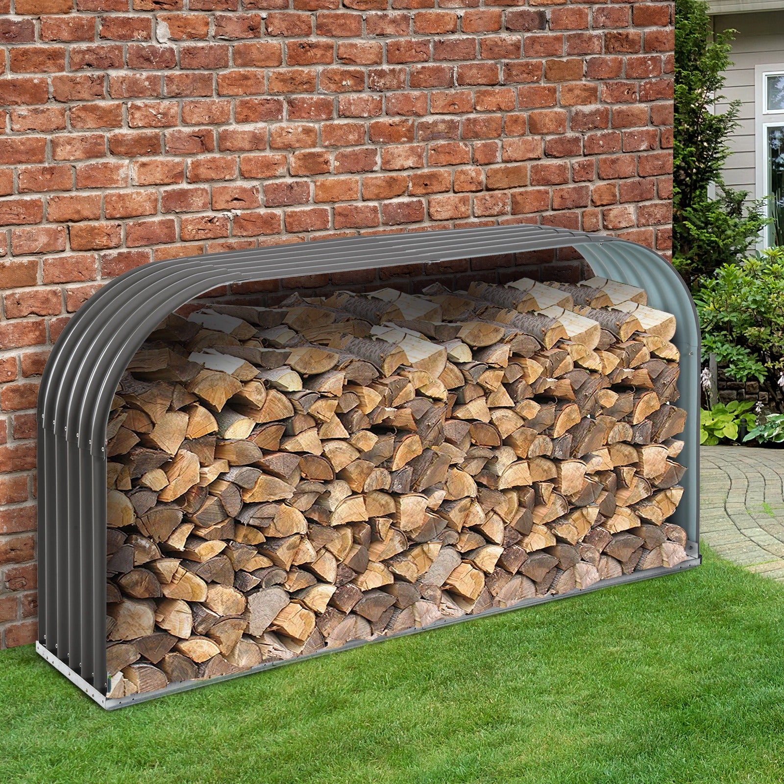 Metal Firewood Rack 212 x 46 x 112 cm Firewood Rack 0.85m³ with Steel Frame Outdoor Firewood Rack Wood Storage for Firewood, Fireplace Wood Rack for Garden Outdoor Gray