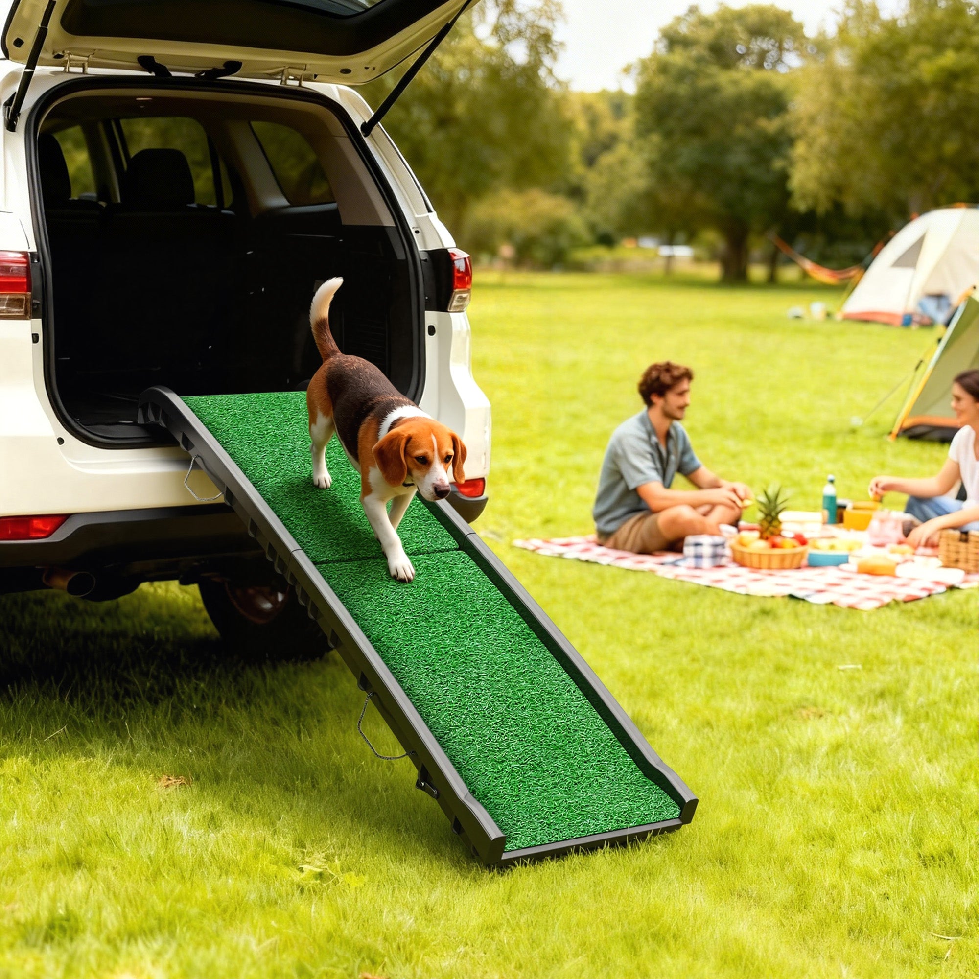 Dog Ramp with Artificial Turf, 61 in — Foldable Car Ramp with Handle, Adjustable Angle, Non-Slip, For All Breeds, Bed & Sofa (Green)