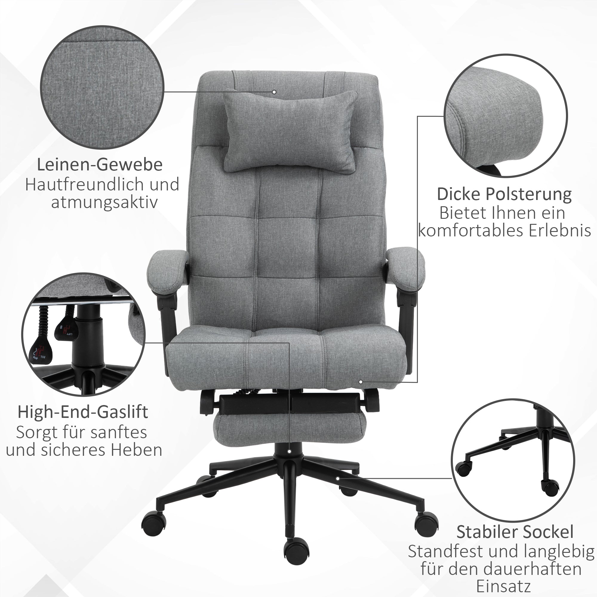 Office Chair Ergonomic Desk Chair with Reclining Function, Headrest, Armrest, Height Adjustable Swivel Chair with Footrest Linen Look Light Grey