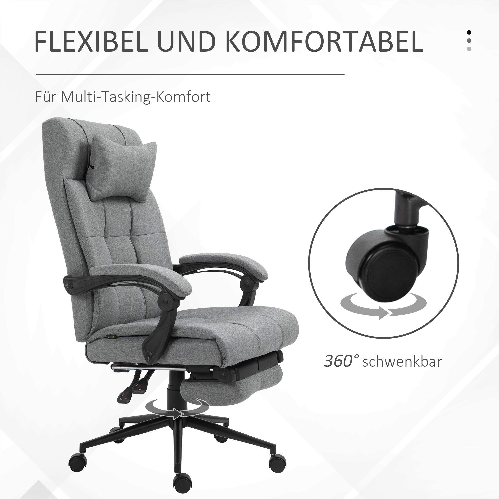 Office Chair Ergonomic Desk Chair with Reclining Function, Headrest, Armrest, Height Adjustable Swivel Chair with Footrest Linen Look Light Grey