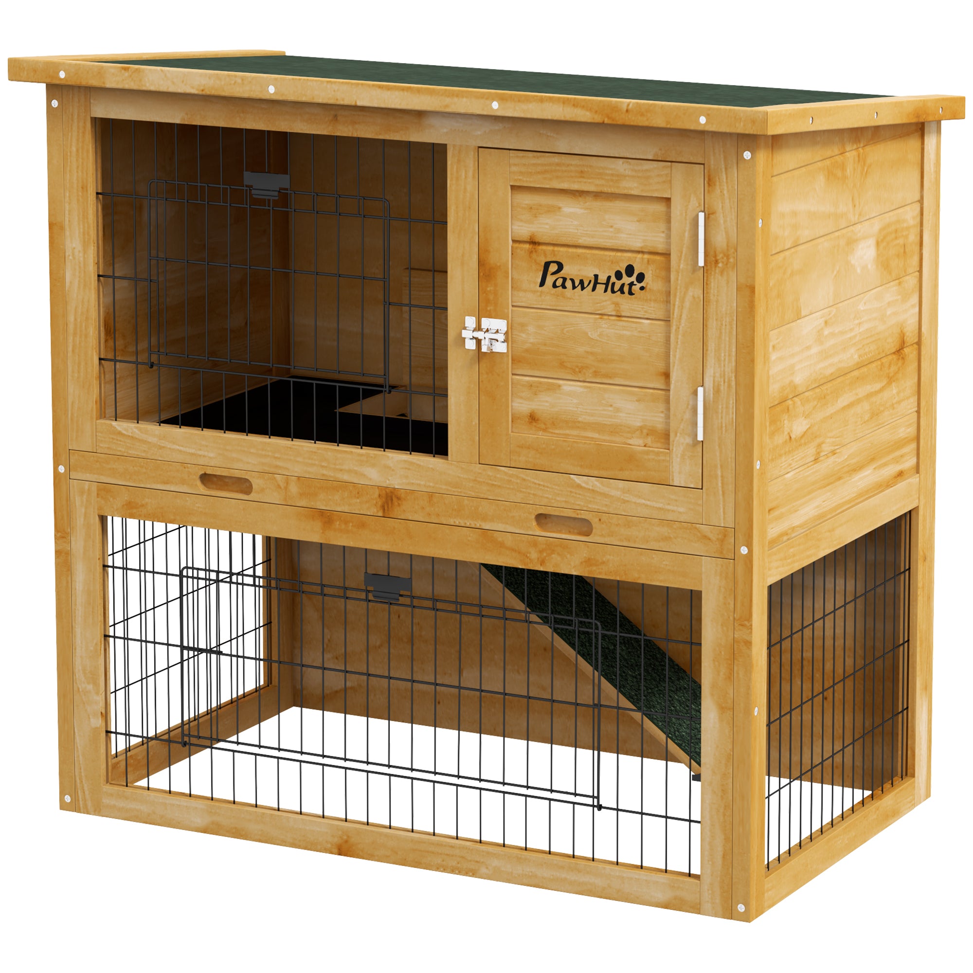 Rabbit Hutch Rabbit Cage 2 Levels with 3 Lockable Doors Sliding Tray Ramp and Bituminous Roof Solid Wood, 85 x 50 x 80 cm, Yellow