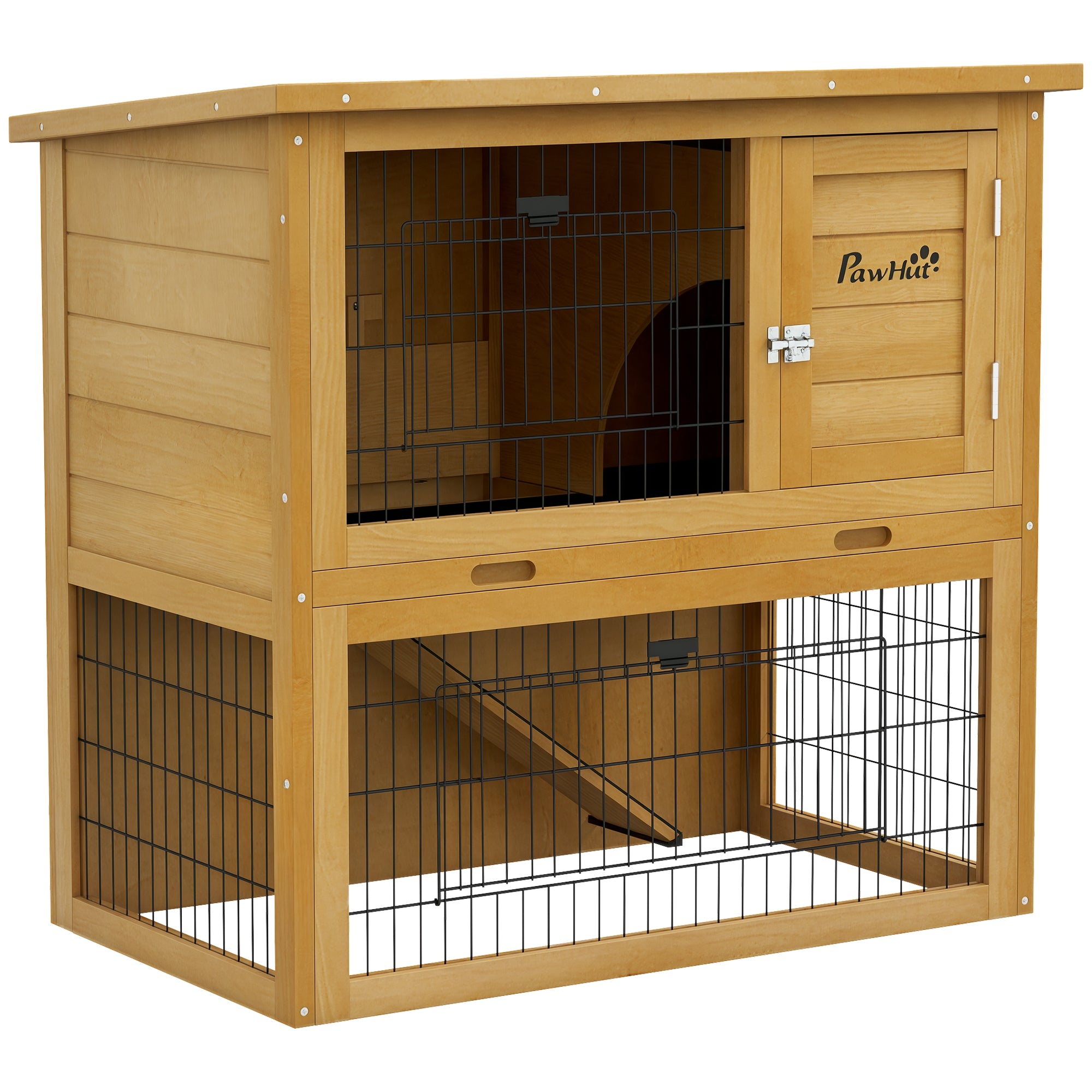 Rabbit Hutch Rabbit Cage 2 Levels with 3 Lockable Doors Sliding Tray Ramp and Bituminous Roof Solid Wood, 85 x 50 x 80 cm, Yellow