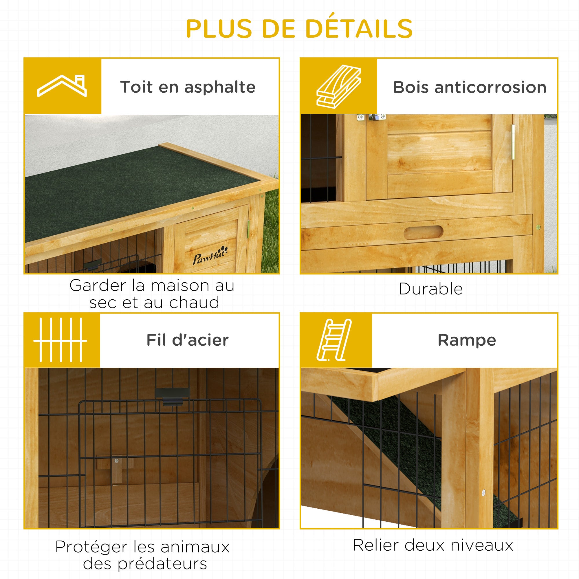Rabbit Hutch Rabbit Cage 2 Levels with 3 Lockable Doors Sliding Tray Ramp and Bituminous Roof Solid Wood, 85 x 50 x 80 cm, Yellow