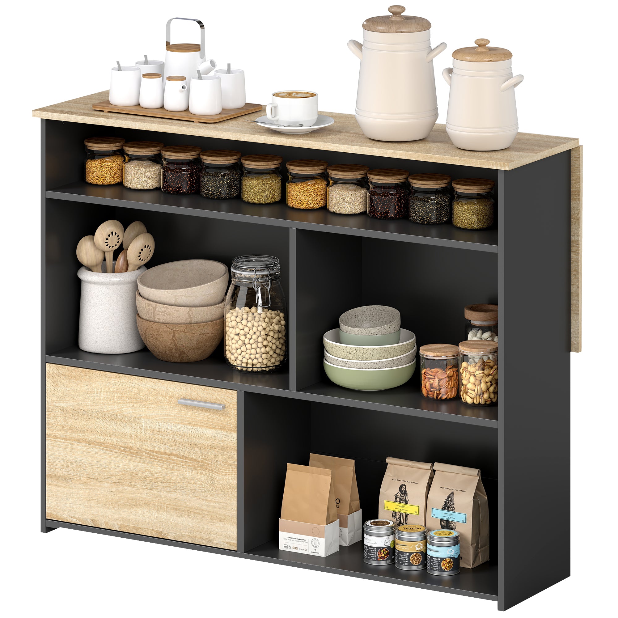 Extendable Bar Table with Drop-Leaf — High Kitchen Table with 1 Cabinet & 4 Open Compartments, Modern Two-Tone Design for Small Spaces, 45.7 x 31.3 x 35.6 in, Black