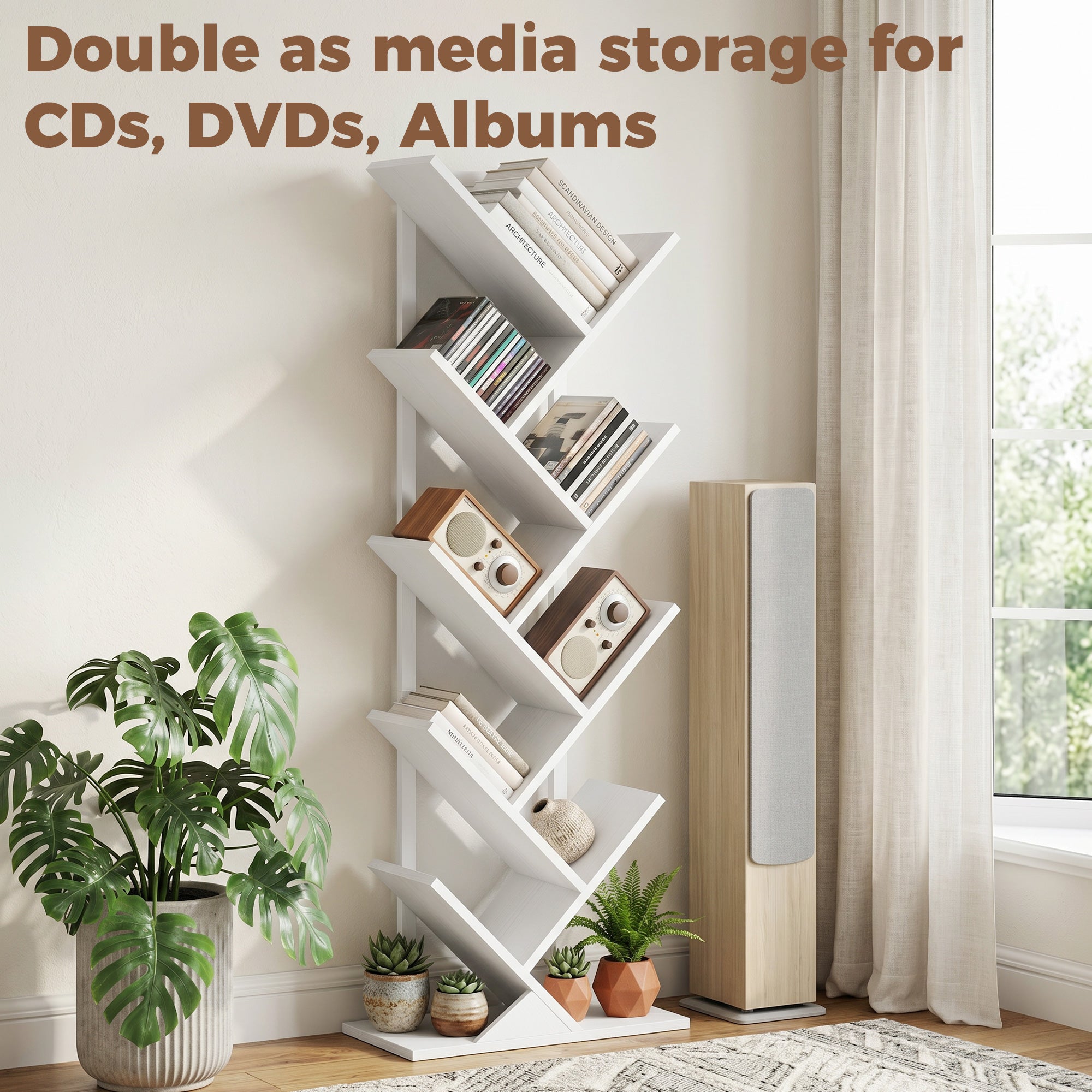 Tree-Shaped 9-Tier Slim Bookshelf, Corner/Storage Shelf for CDs, DVDs, Vinyl, Living Room, Bedroom, Office, White