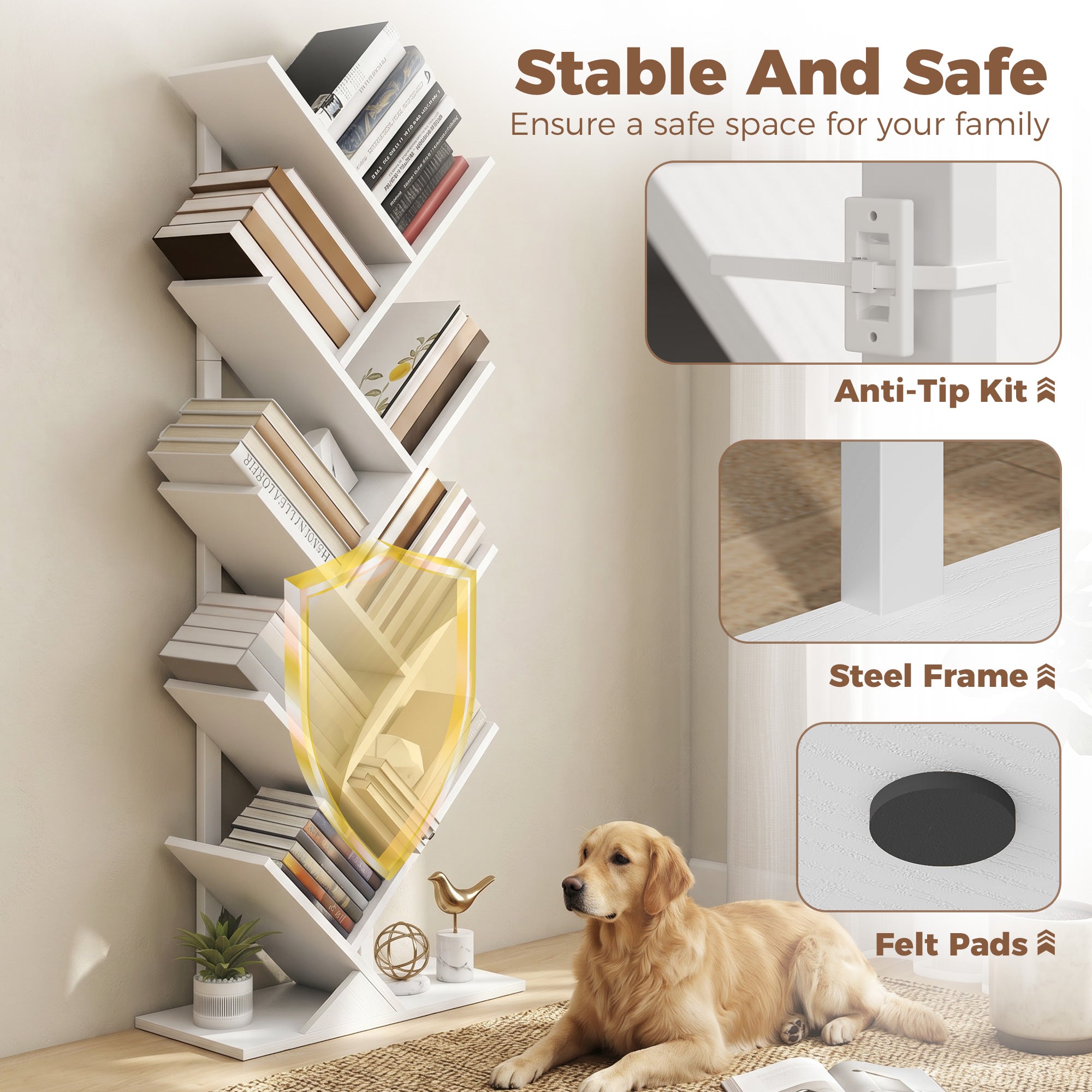 Tree-Shaped 9-Tier Slim Bookshelf, Corner/Storage Shelf for CDs, DVDs, Vinyl, Living Room, Bedroom, Office, White