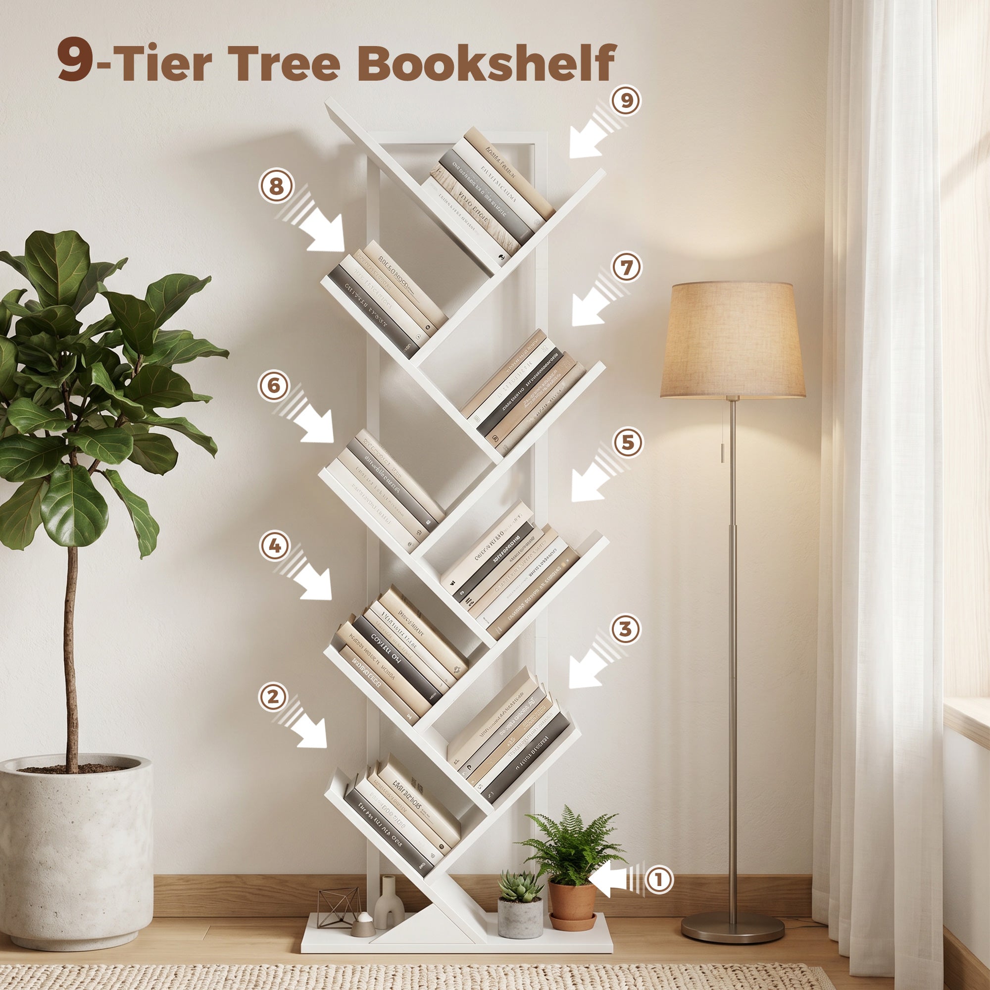 Tree-Shaped 9-Tier Slim Bookshelf, Corner/Storage Shelf for CDs, DVDs, Vinyl, Living Room, Bedroom, Office, White