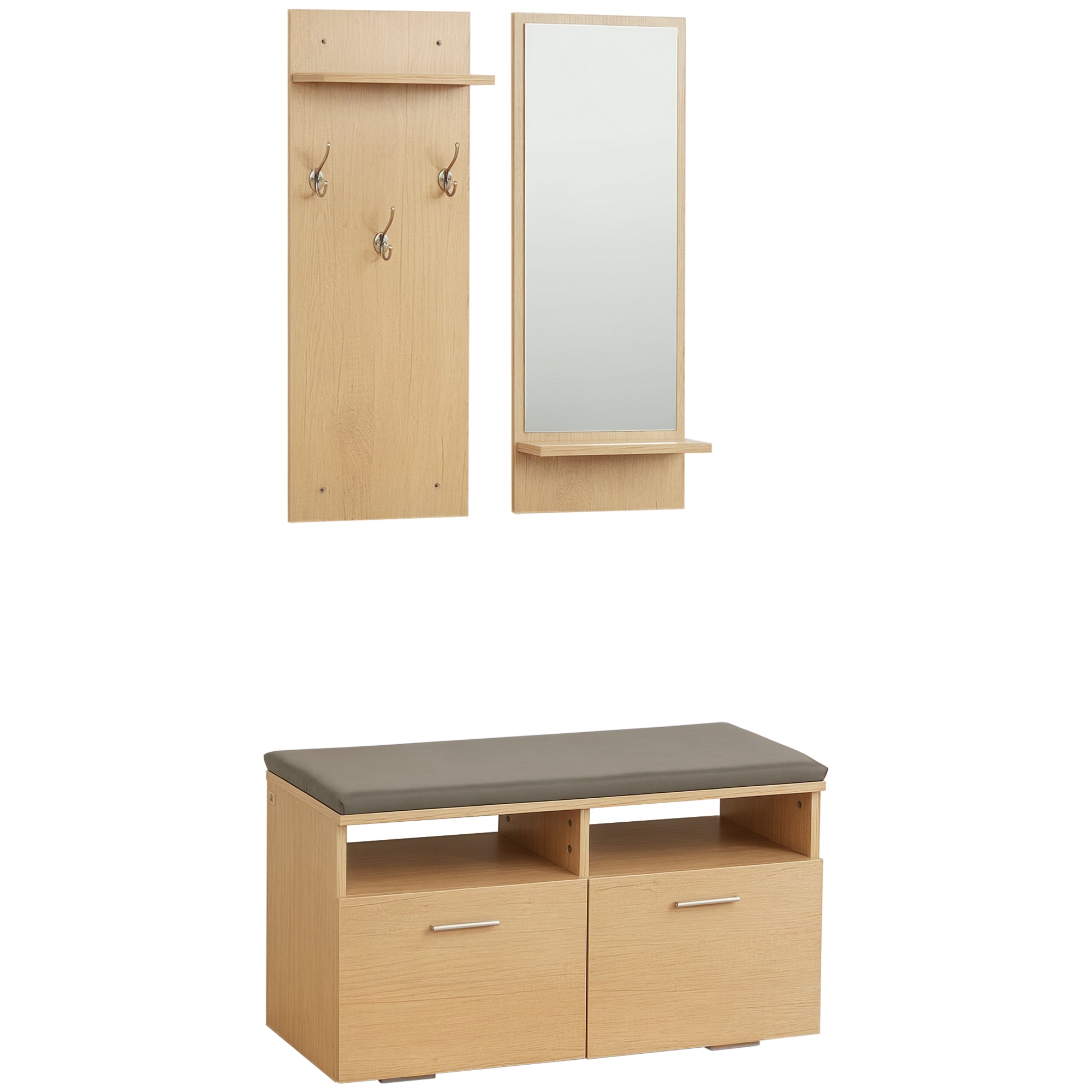 Entryway Set Hall Tree 3-in-1, 1 Mirror with Shelf, 1 Coat Rack with Shelf, 1 Shoe Bench with PU Cushion