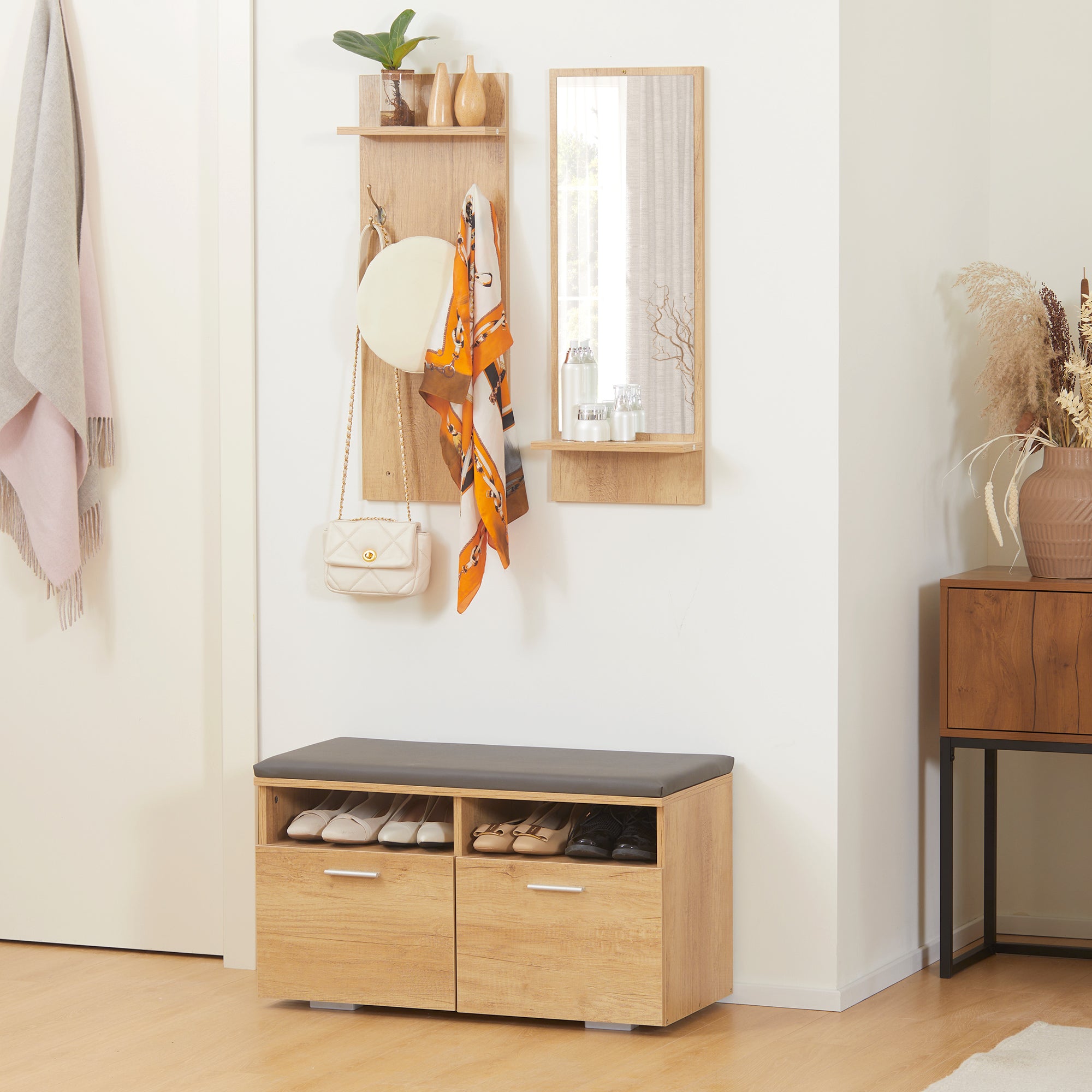 Entryway Set Hall Tree 3-in-1, 1 Mirror with Shelf, 1 Coat Rack with Shelf, 1 Shoe Bench with PU Cushion