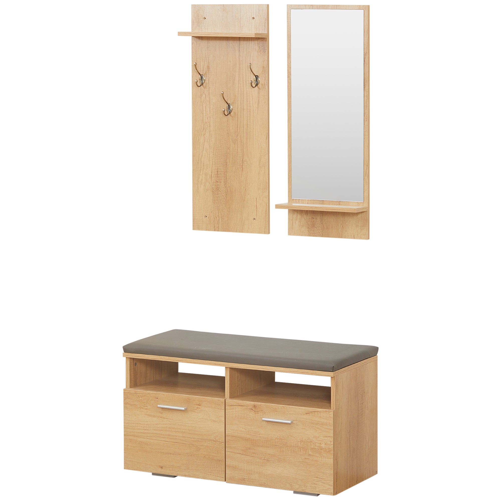 Entryway Set Hall Tree 3-in-1, 1 Mirror with Shelf, 1 Coat Rack with Shelf, 1 Shoe Bench with PU Cushion