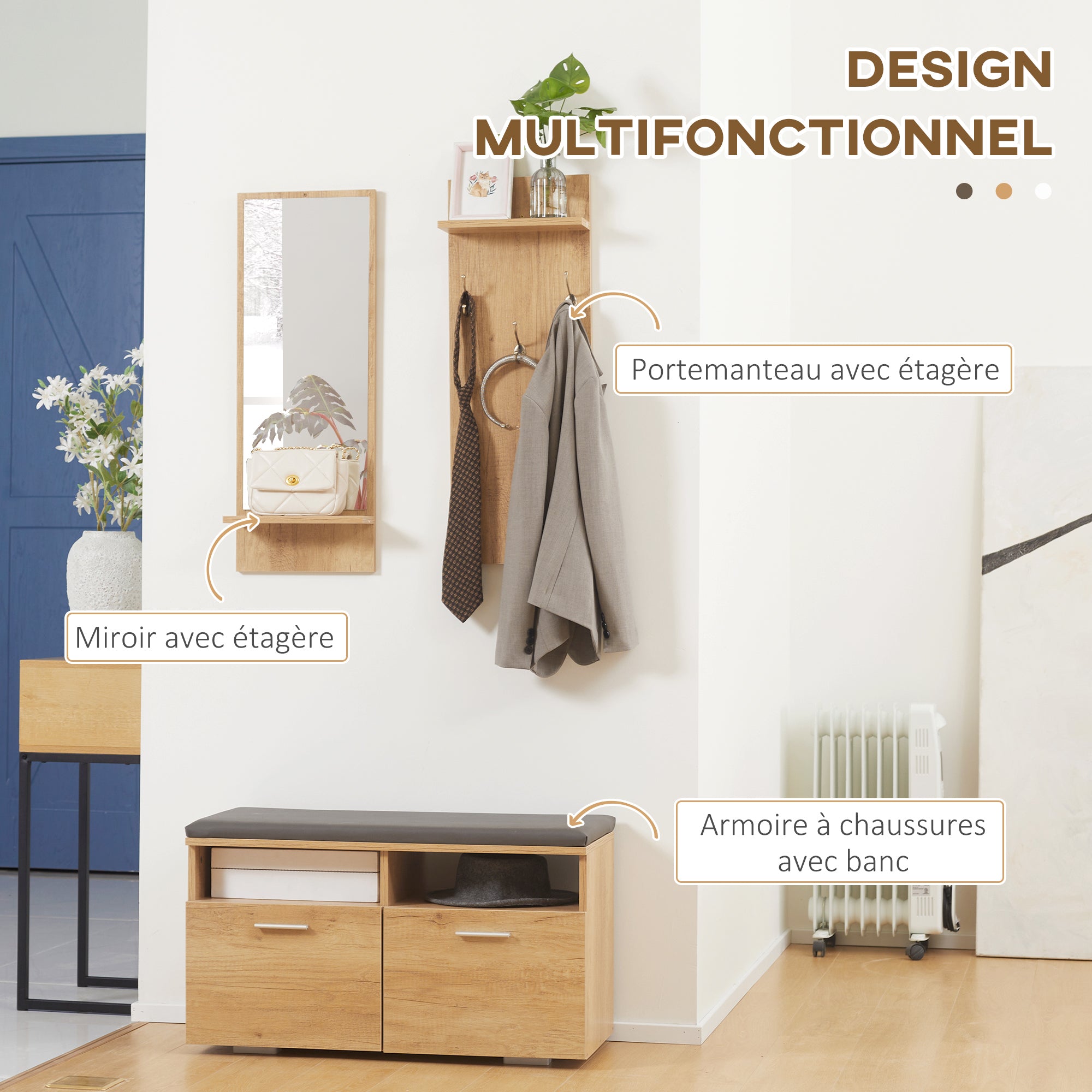 Entryway Set Hall Tree 3-in-1, 1 Mirror with Shelf, 1 Coat Rack with Shelf, 1 Shoe Bench with PU Cushion