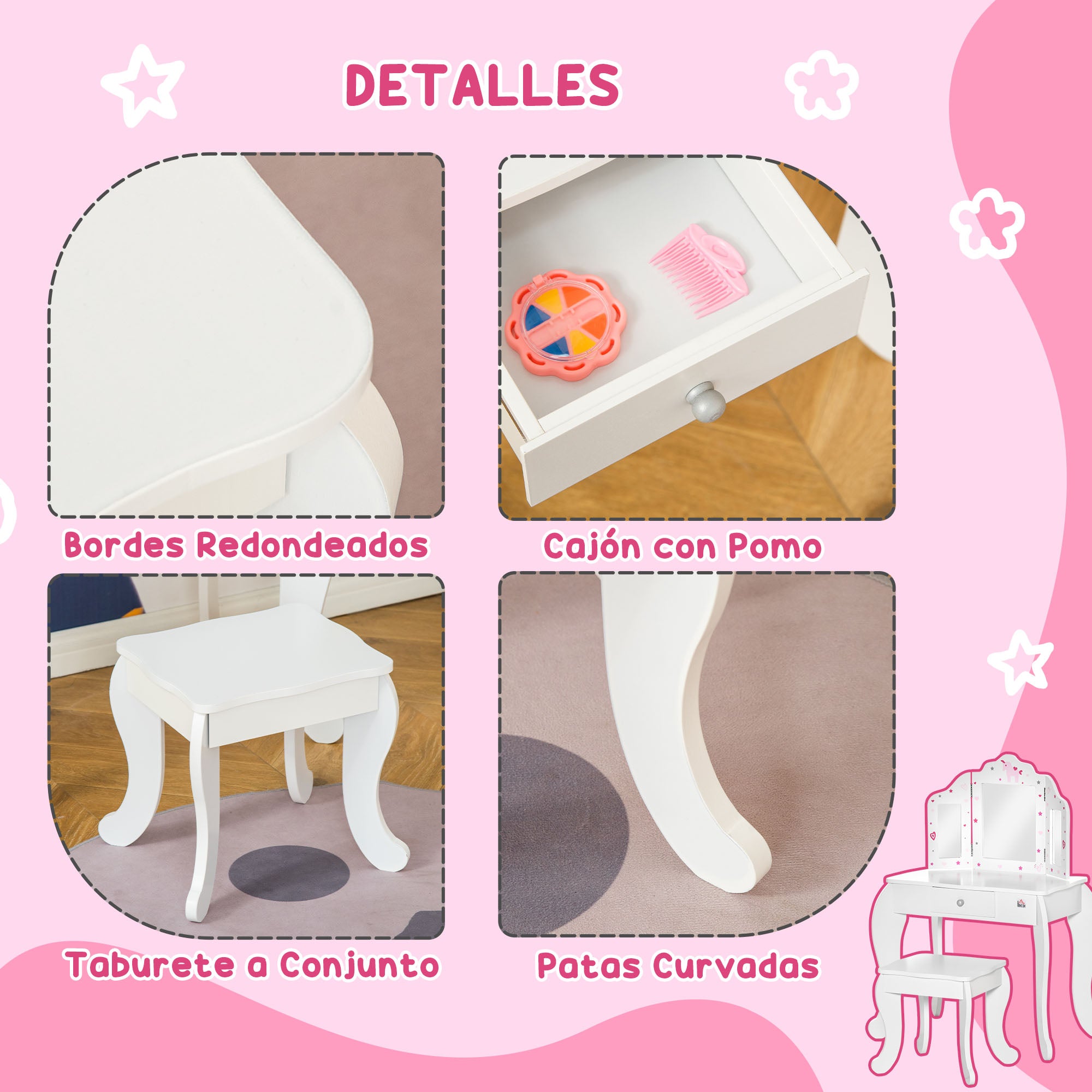 Children's Wooden Dressing Table with Stool and 3-Sided Acrylic Mirror Makeup Table for Girls with Drawer for Kids' Room 63x40x85.5 cm Pink